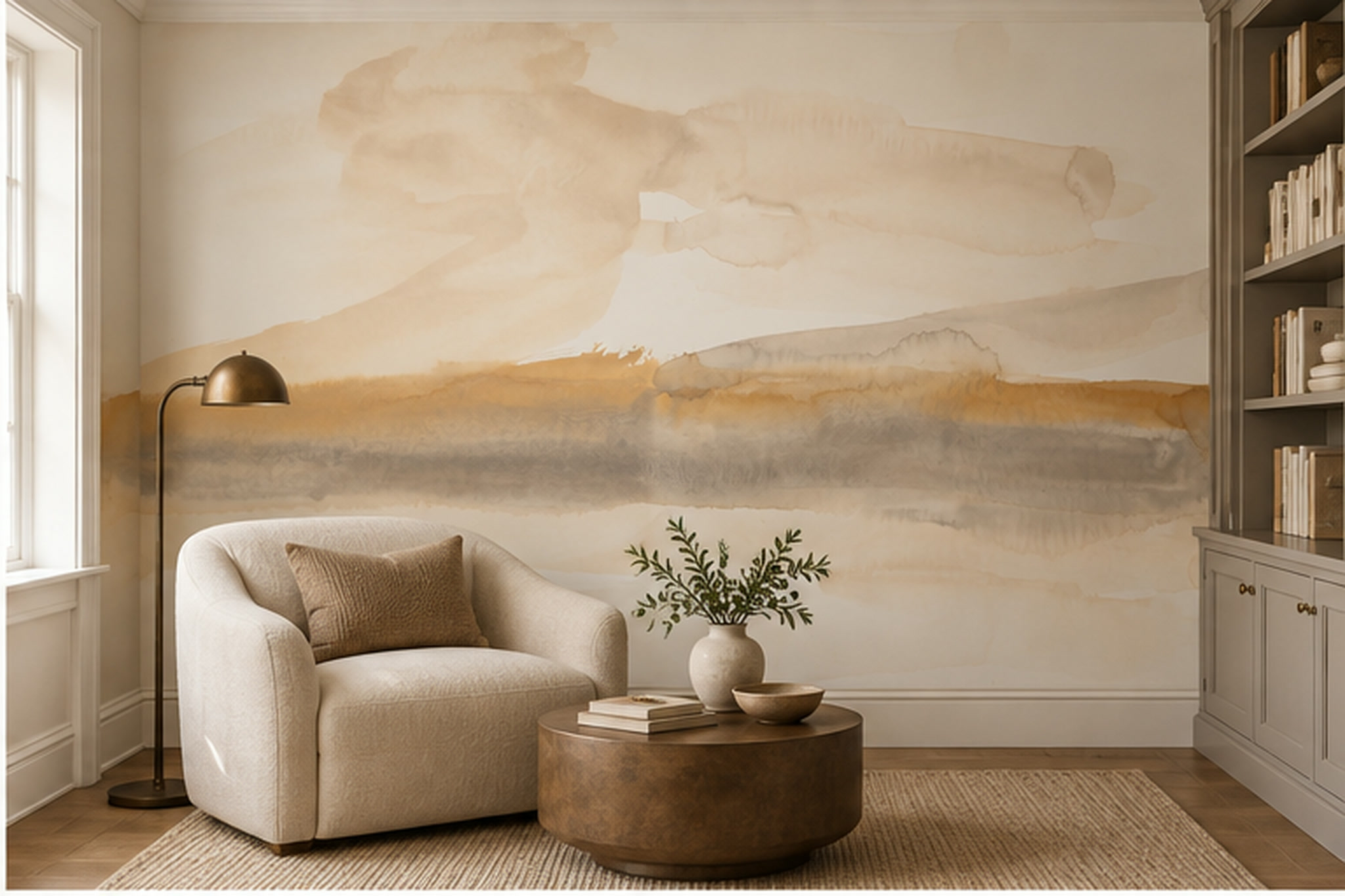 Beige Landscape Scenic Wallpaper Mural Bedroom-wallpaper-murals, Peel-and-stick Finish