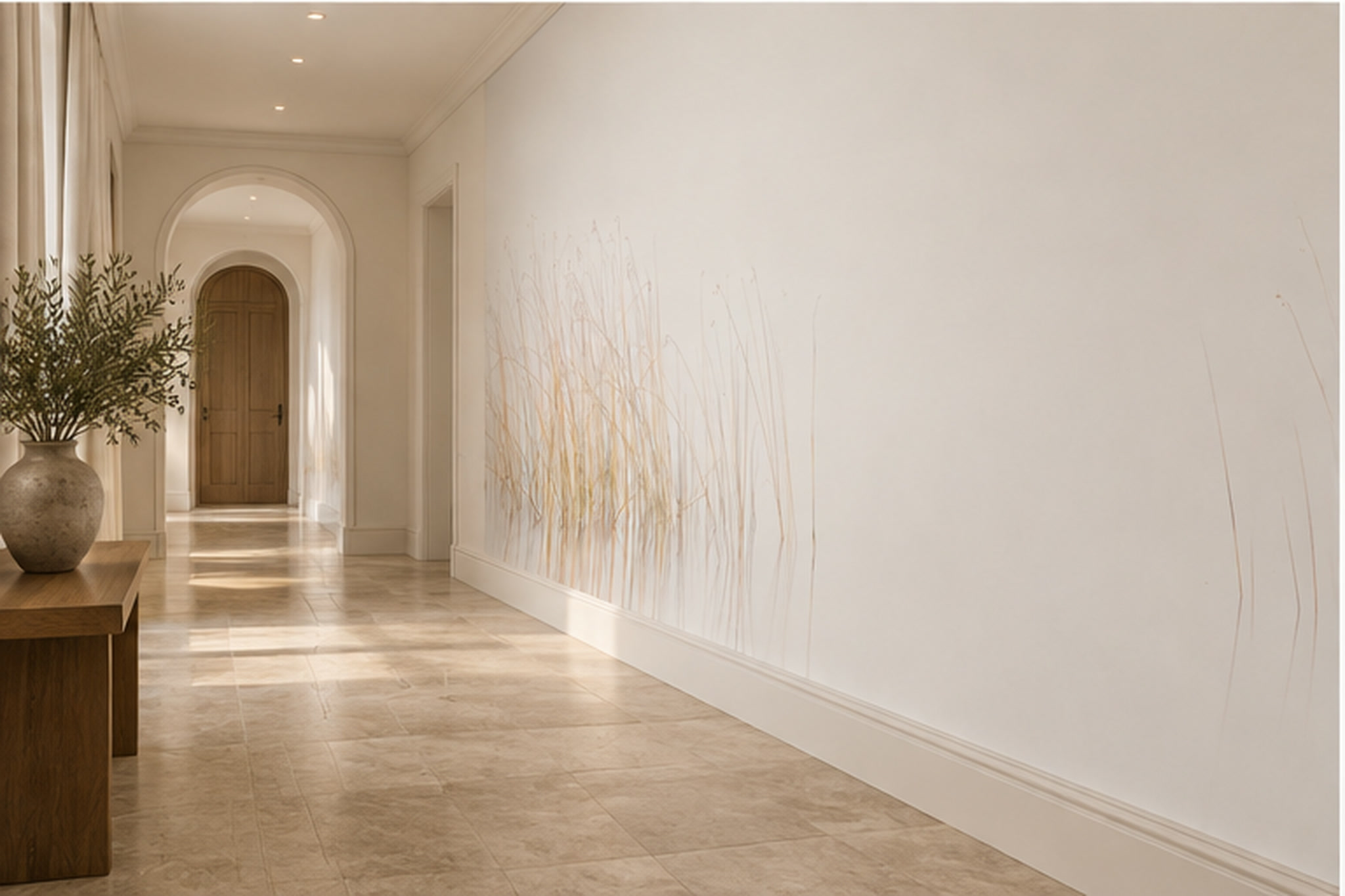 Long cream hallway with delicate beige reeds on one wall and doors along the route