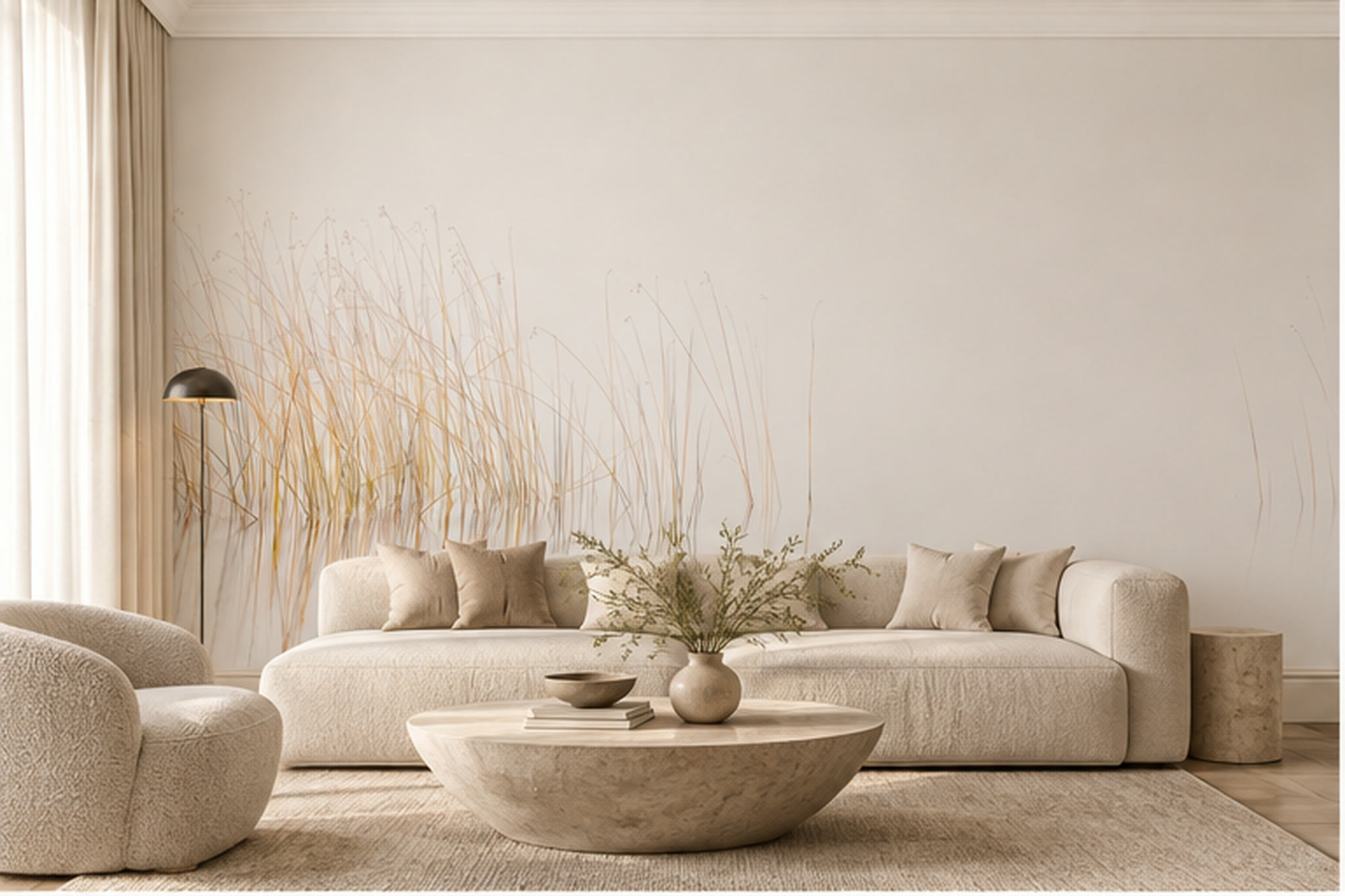 Beige Pattern Decorative Wallpaper Mural Layered Organic Forms Wallpaper Living-room-wallpaper-murals, Shown In A Living Room, Peel-and-stick Finish