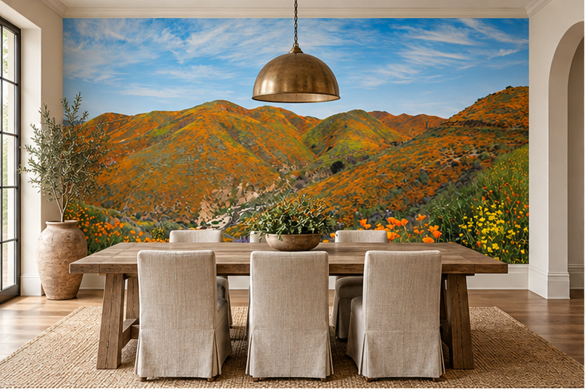 Orange Meadow Scenic Wallpaper Mural Dining-room-wallpaper-murals, Shown In A Dining Room, Peel-and-stick Finish