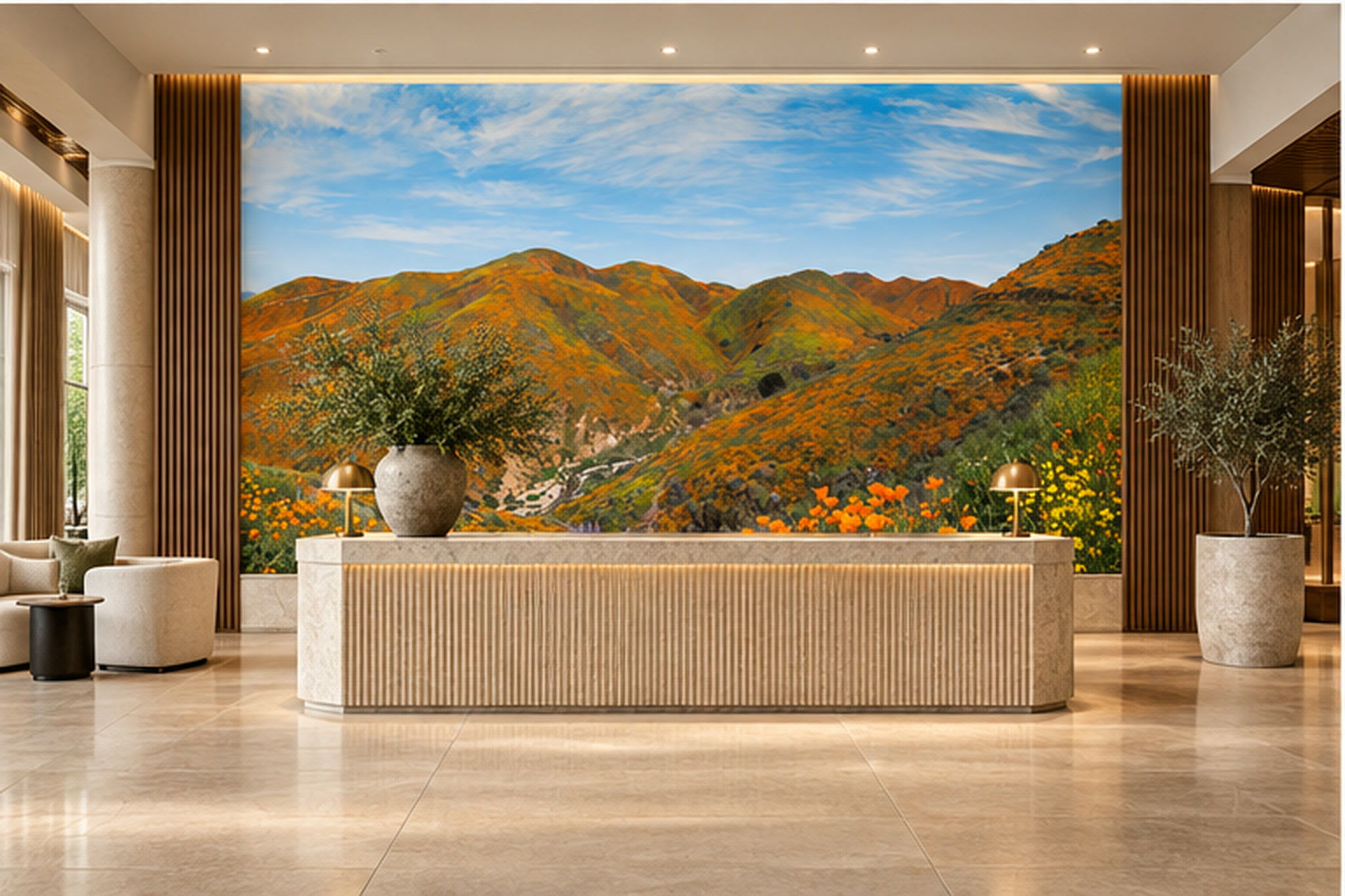 Orange Meadow Scenic Wallpaper Mural Entryway-wallpaper-murals, Peel-and-stick Finish