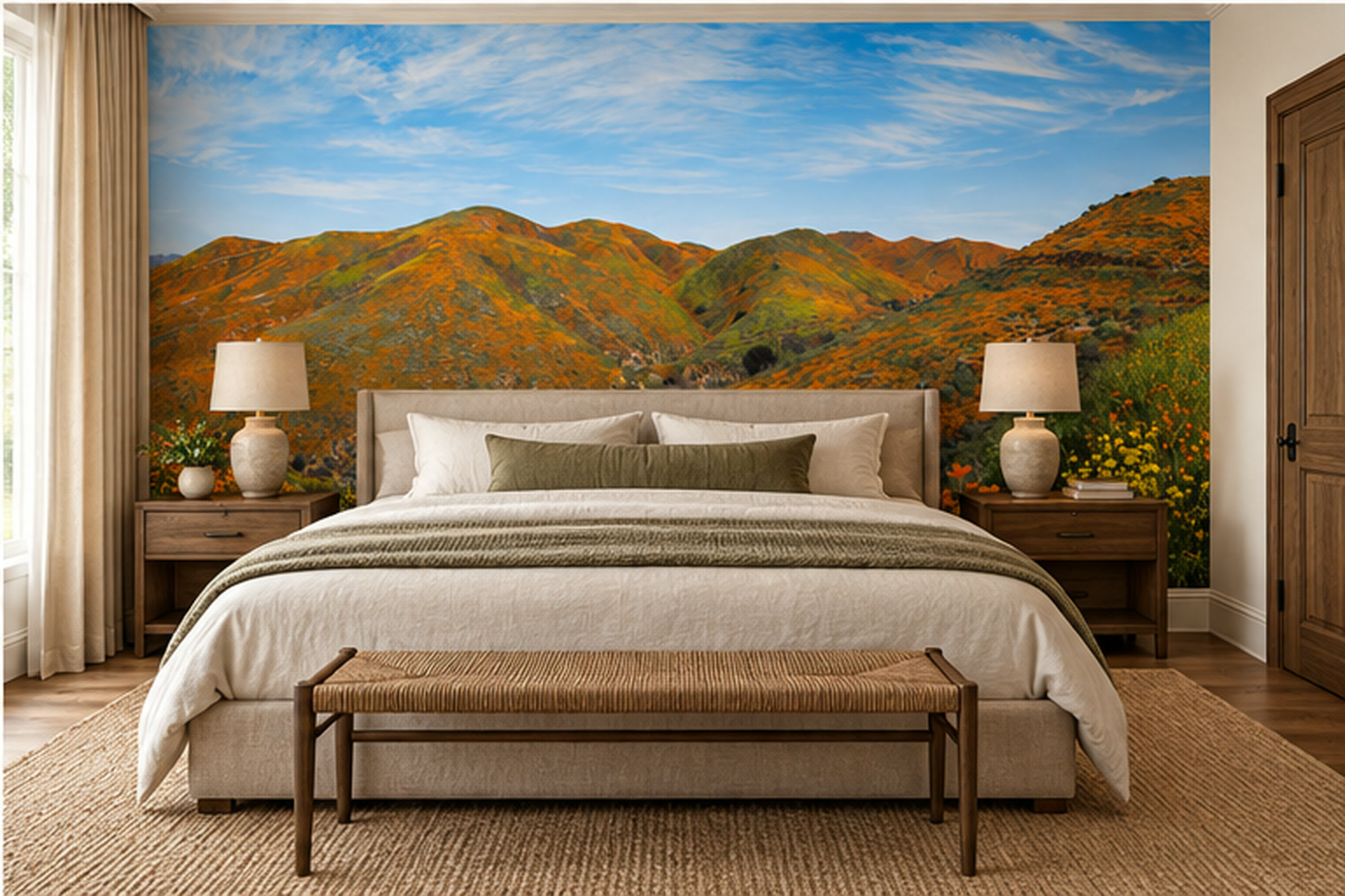 Orange Meadow Scenic Wallpaper Mural Bedroom-wallpaper-murals, Peel-and-stick Finish