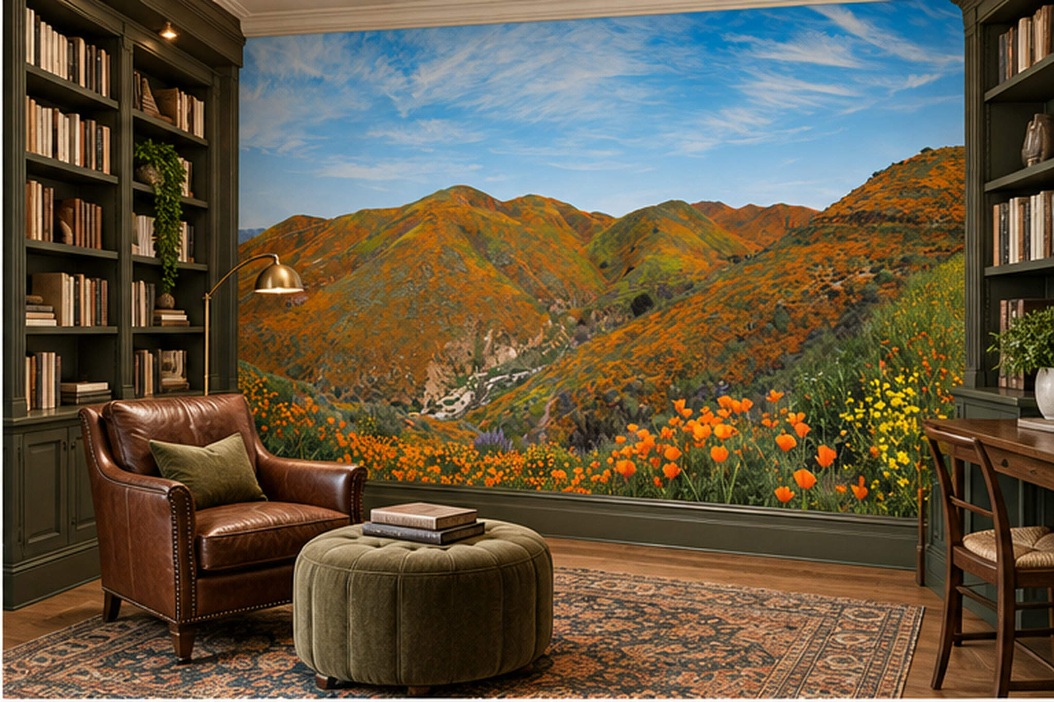 Orange Poppy Hills Beneath A Blue Sky Wallpaper Mural — Wallpaper Mural Design, Peel-and-stick Finish
