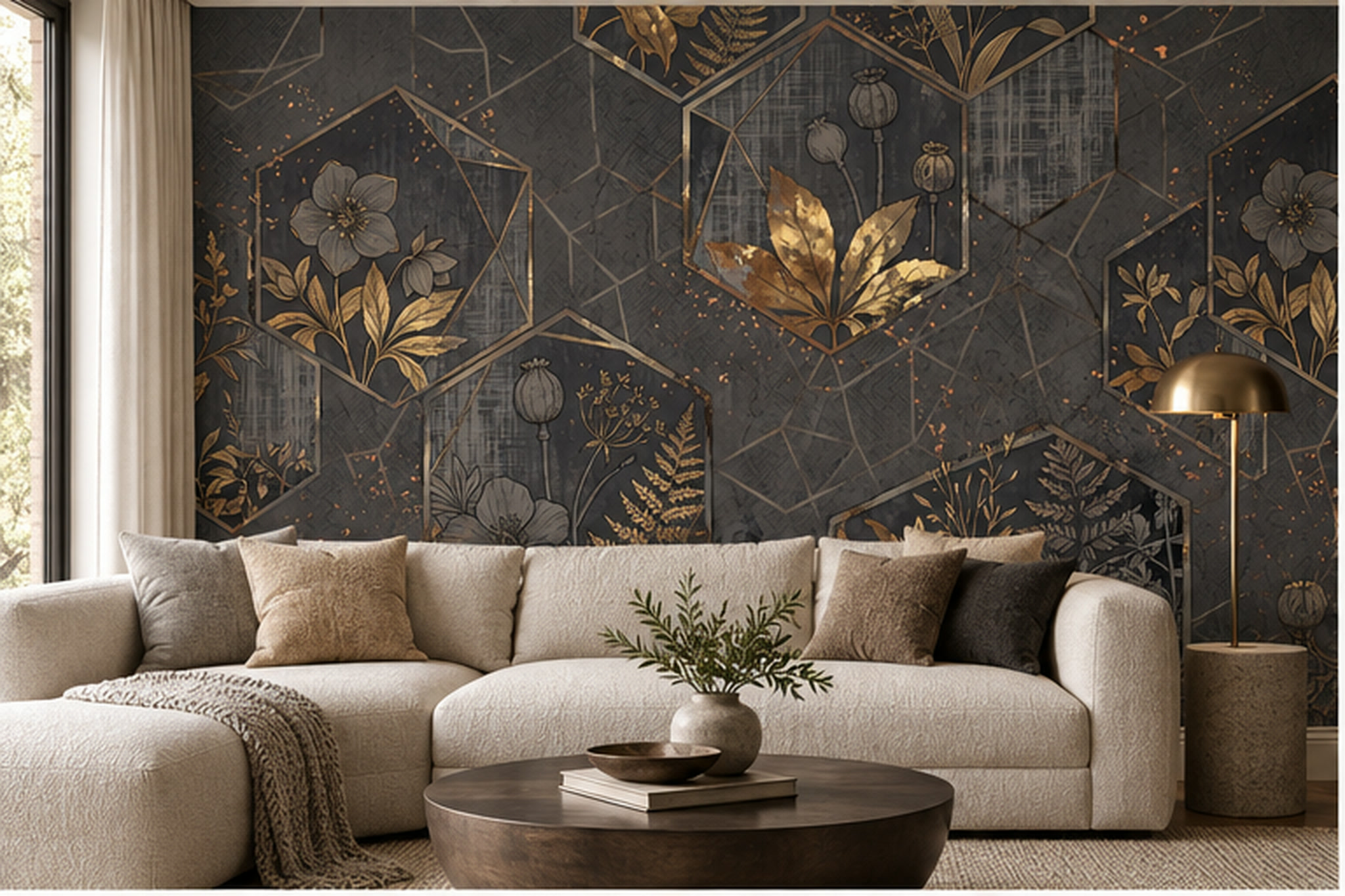 Gold Vintage Artful Floral Wallpaper Mural Living-room-wallpaper-murals, Shown In A Living Room, Peel-and-stick Finish
