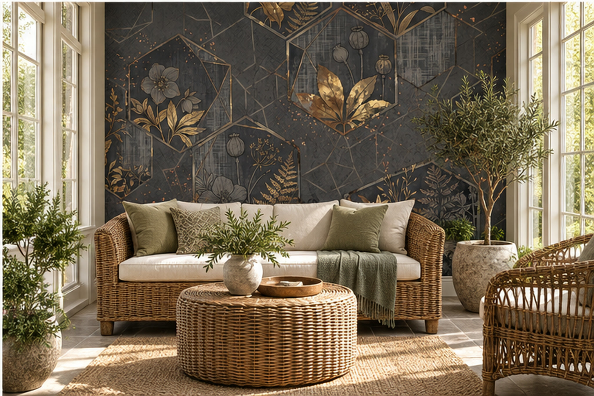 Gold Vintage Artful Floral Wallpaper Mural Living-room-wallpaper-murals, Peel-and-stick Finish