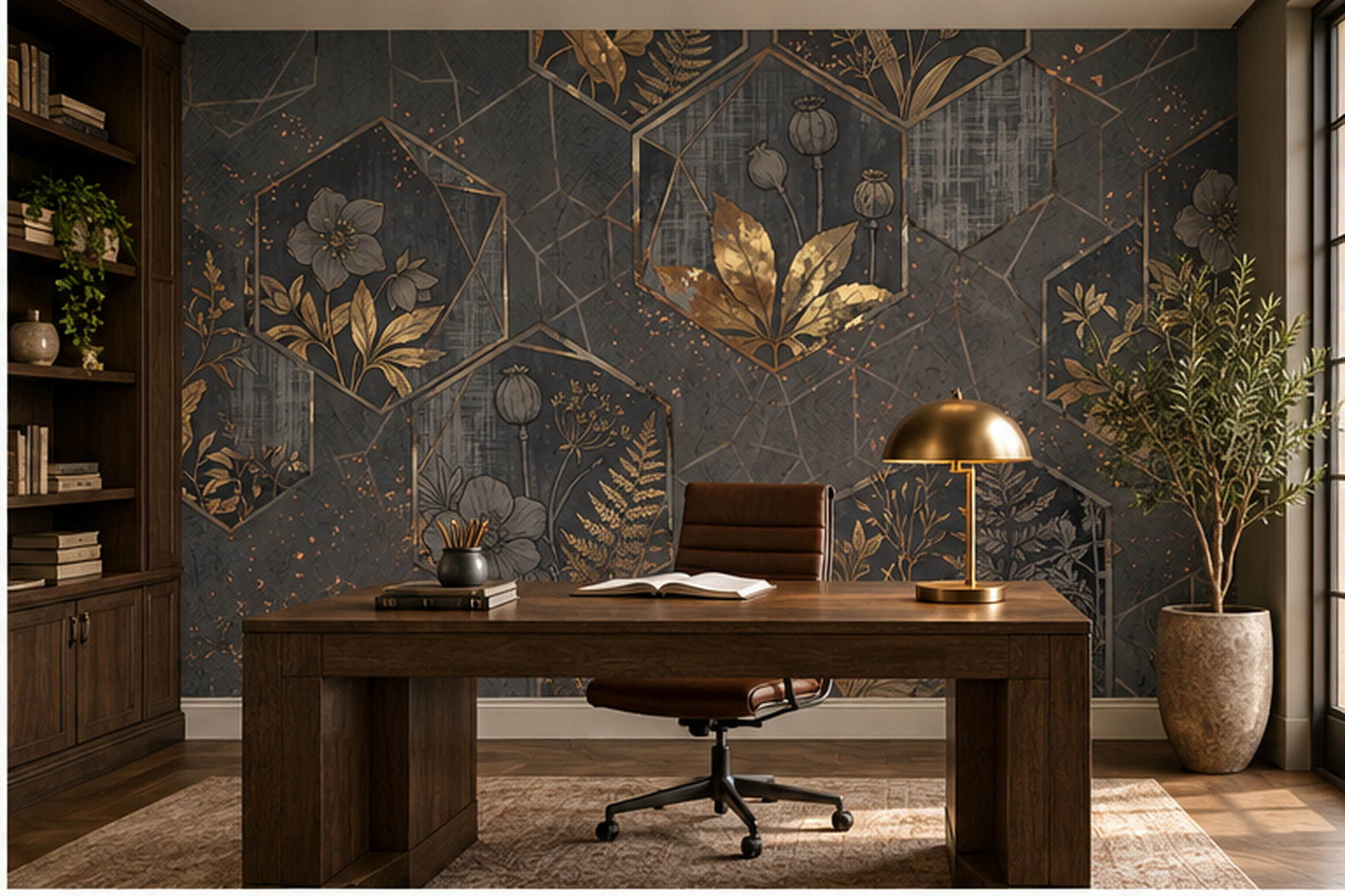Gold Vintage Artful Floral Wallpaper Mural Home-office-wallpaper-murals, Shown In A Home Office, Peel-and-stick Finish