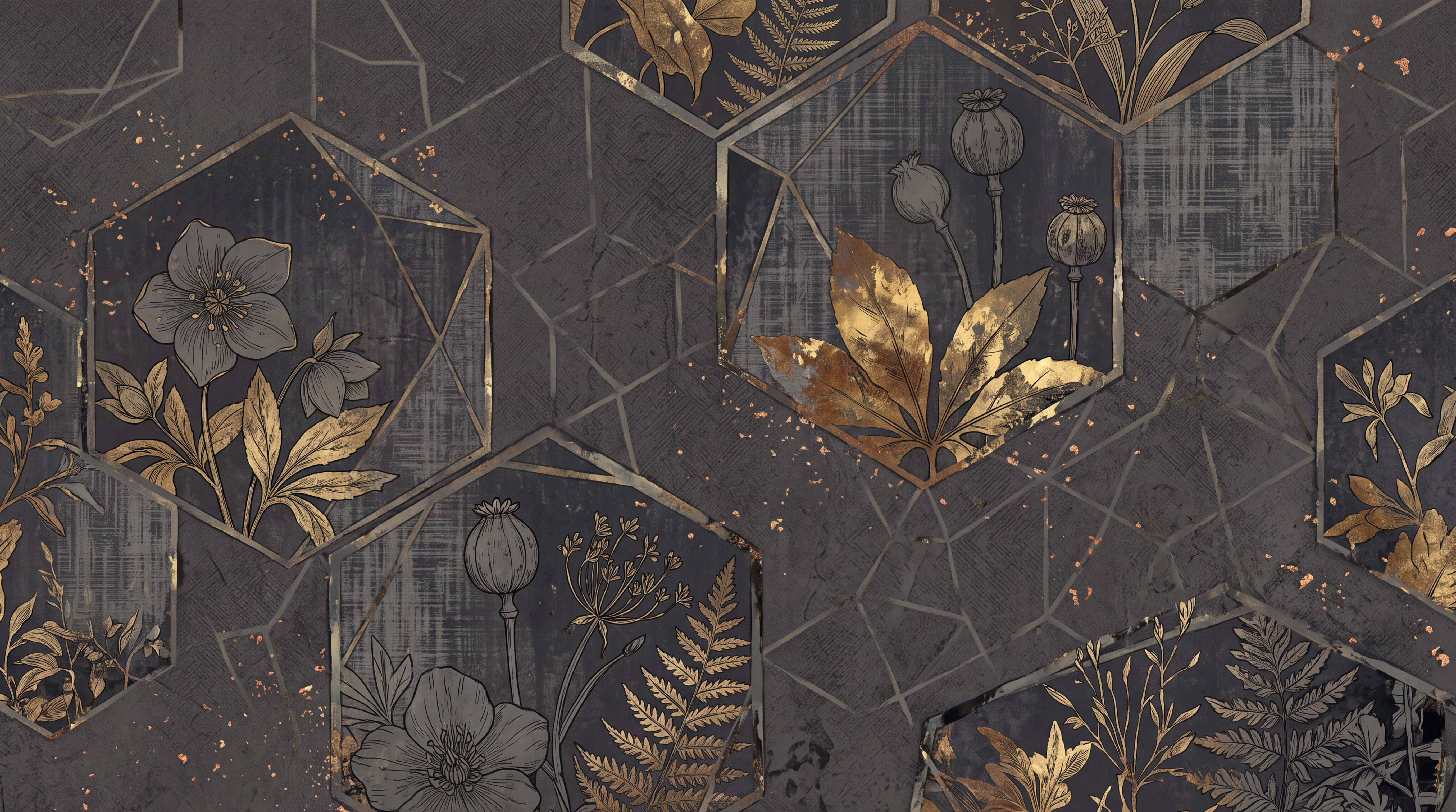 Gold Vintage Artful Floral Wallpaper Mural, Peel-and-stick Finish