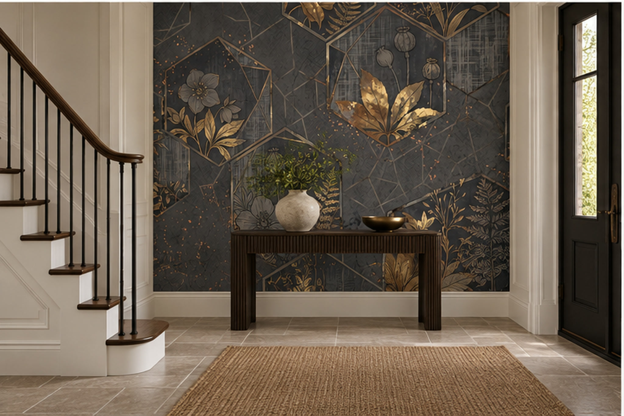 Gold Vintage Artful Floral Wallpaper Mural Living-room-wallpaper-murals, Peel-and-stick Finish