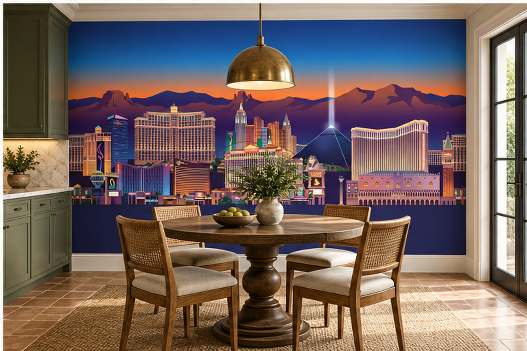 Las Vegas Strip At Sunset With Desert Mountains Wallpaper Mural — Wallpaper Mural Design, Peel-and-stick Finish