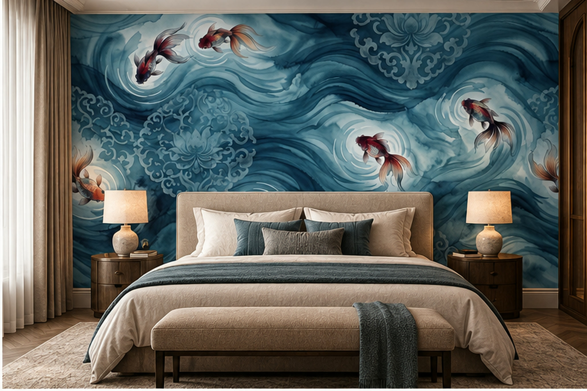 Teal Pattern Decorative Wallpaper Mural Layered Atmospheric Wallpaper Bedroom-wallpaper-murals, Peel-and-stick Finish