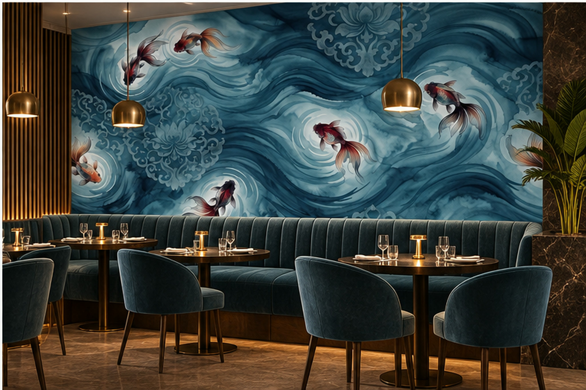 Teal Pattern Decorative Wallpaper Mural Layered Atmospheric Wallpaper Dining-room-wallpaper-murals, Shown In A Dining Room, Peel-and-stick Finish
