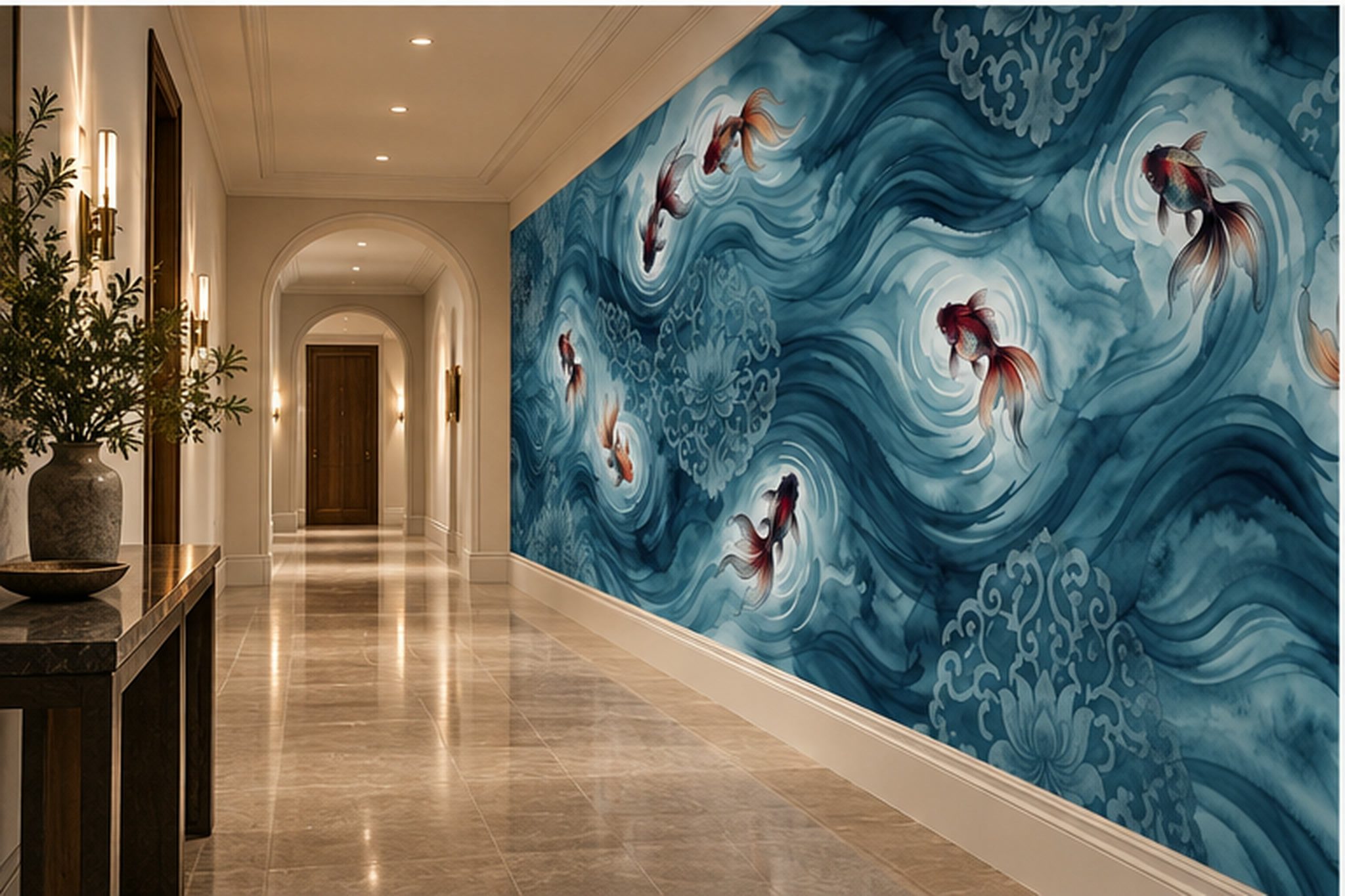 Teal Pattern Decorative Wallpaper Mural Layered Atmospheric Wallpaper Living-room-wallpaper-murals, Peel-and-stick Finish