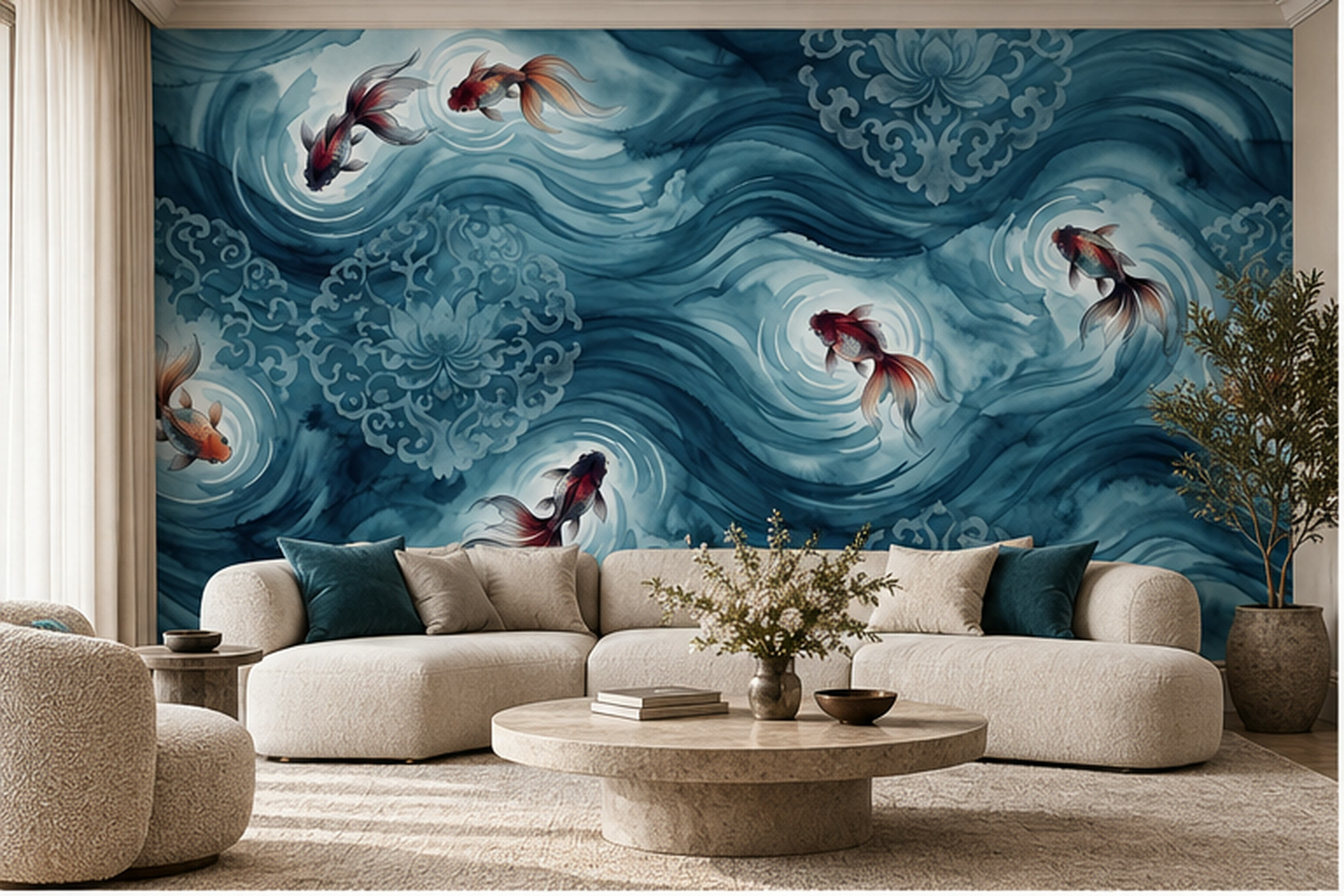 Teal Pattern Decorative Wallpaper Mural Layered Atmospheric Wallpaper Living-room-wallpaper-murals, Peel-and-stick Finish