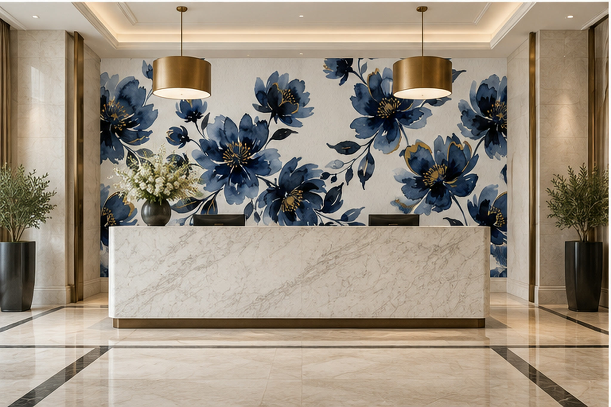 Illustrative blue floral mural behind a reception desk under warm indoor lighting