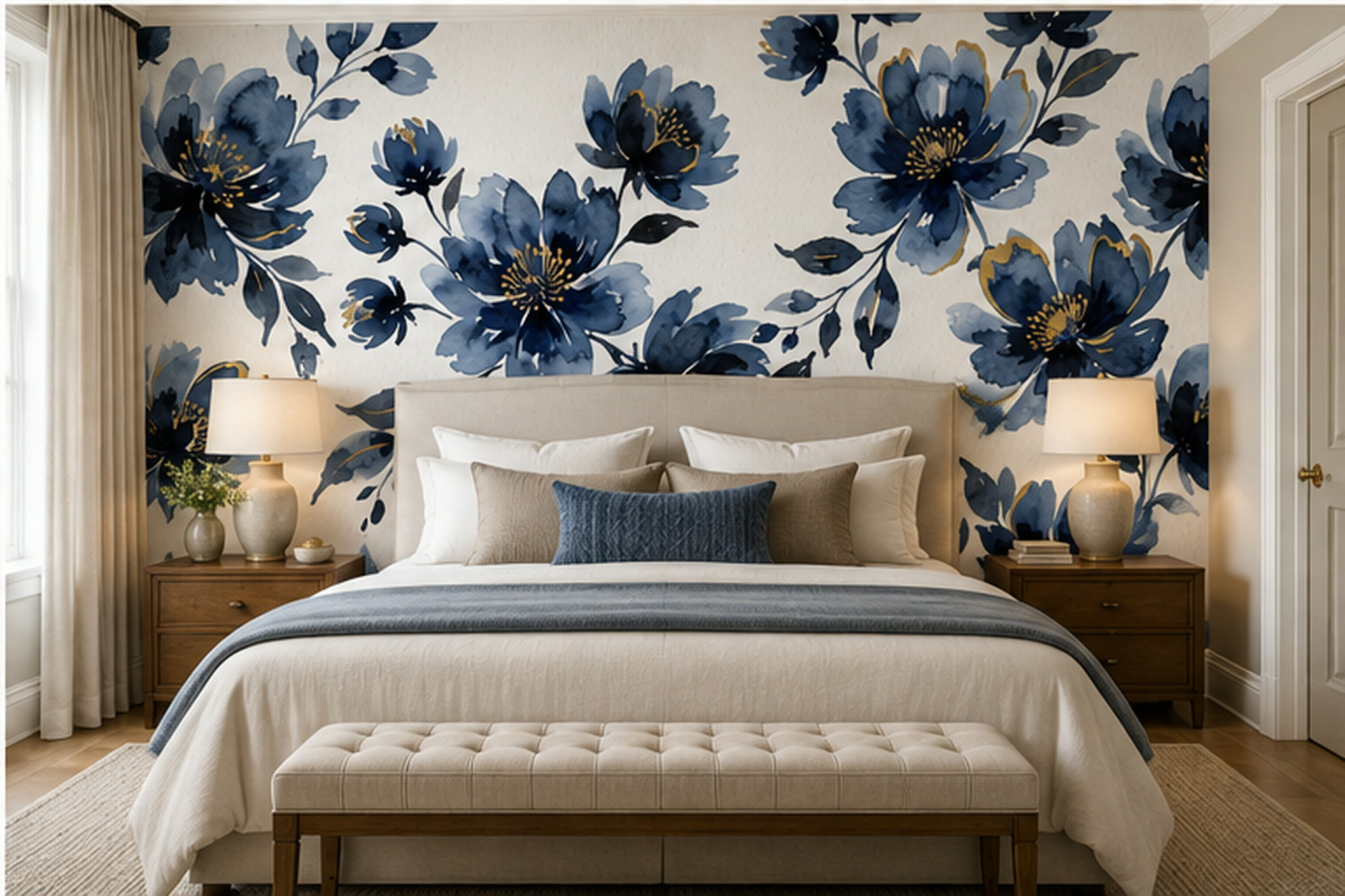 Large navy blue flowers behind a cream headboard and simple white bedding