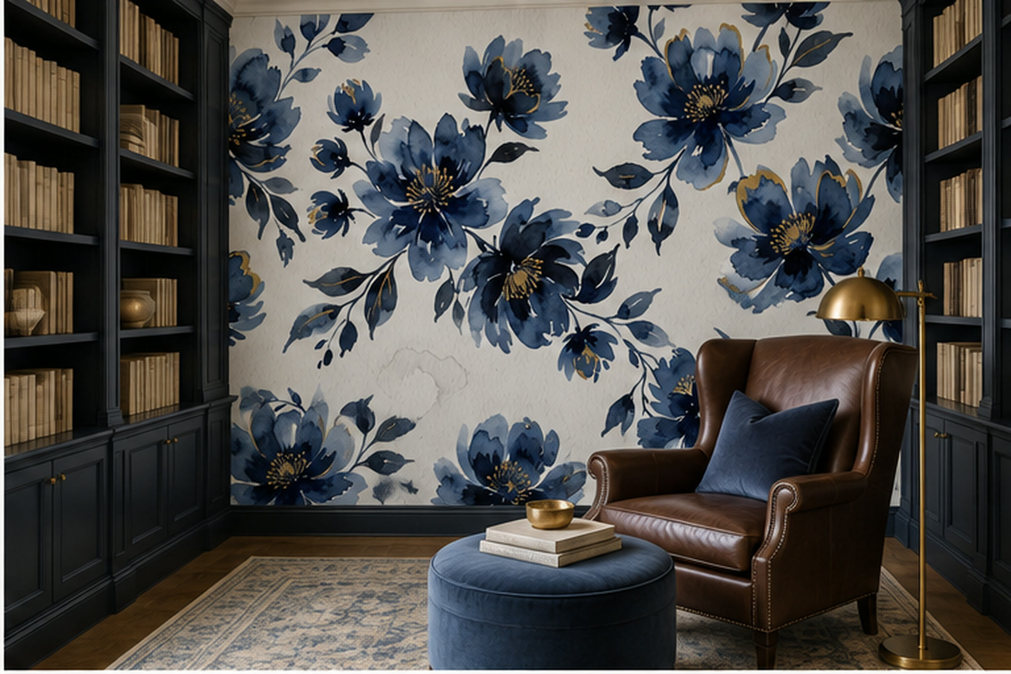 Blue Floral Botanical Organic Wallpaper Mural Dining-room-wallpaper-murals, Peel-and-stick Finish