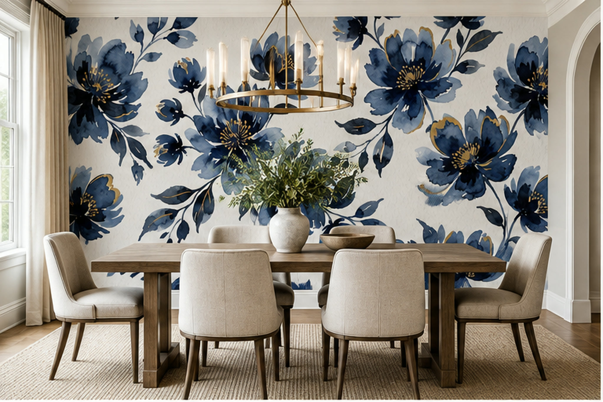 Blue Floral Botanical Organic Wallpaper Mural Dining-room-wallpaper-murals, Peel-and-stick Finish