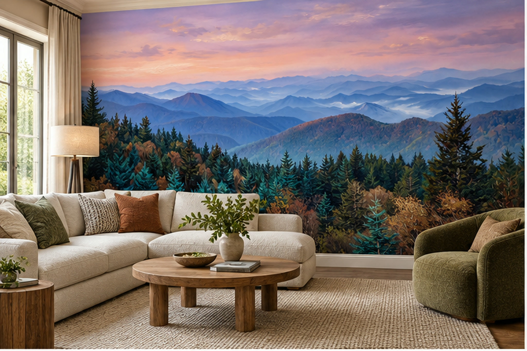 Purple Mountain Scenic Wallpaper Mural Living-room-wallpaper-murals, Shown In A Living Room, Peel-and-stick Finish