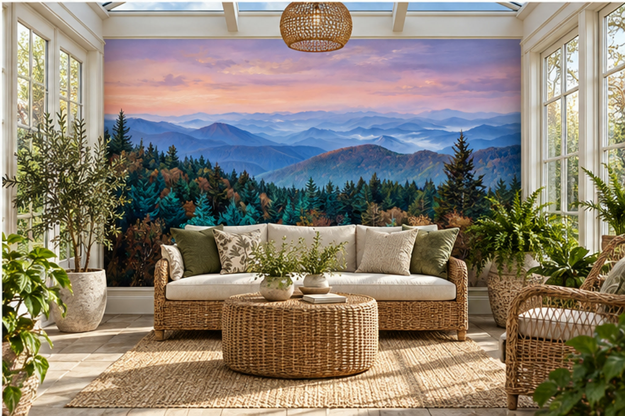 Purple Mountain Scenic Wallpaper Mural Living-room-wallpaper-murals, Peel-and-stick Finish