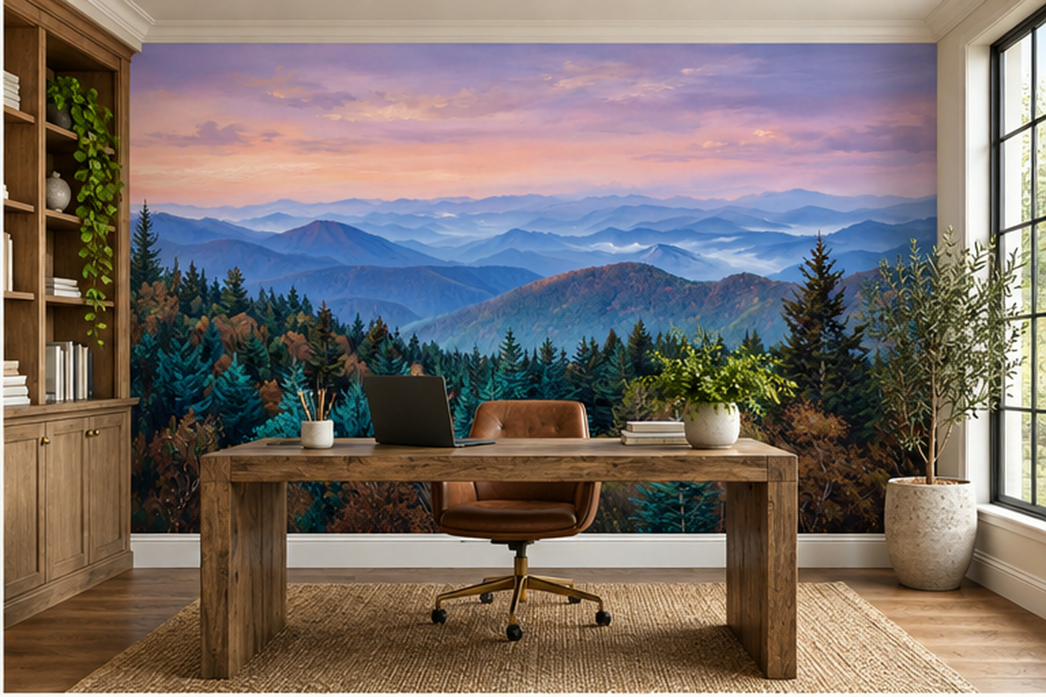 Purple Mountain Scenic Wallpaper Mural Living-room-wallpaper-murals, Peel-and-stick Finish