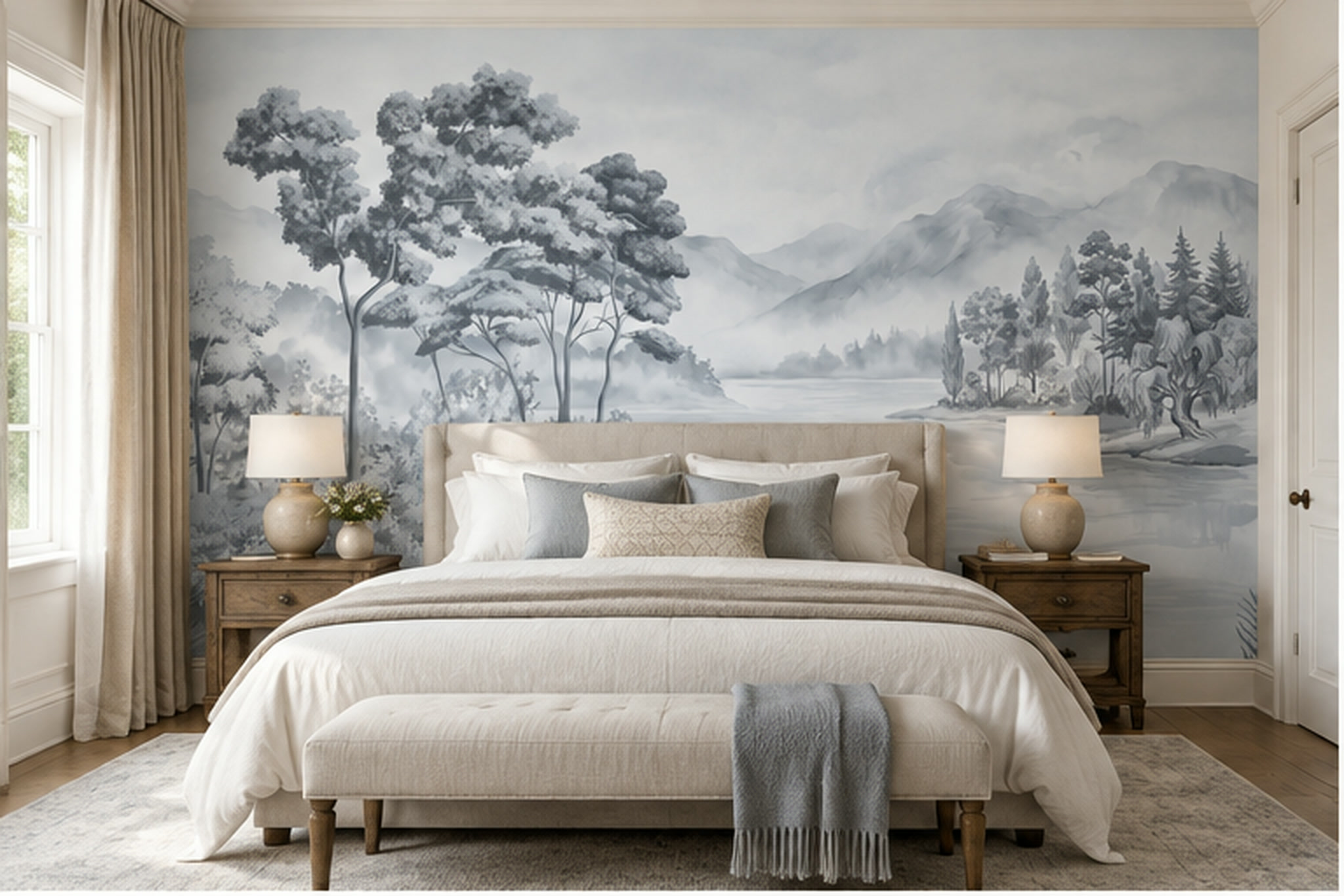 Grey Landscape Scenic Painterly Wallpaper Mural Bedroom-wallpaper-murals, Peel-and-stick Finish