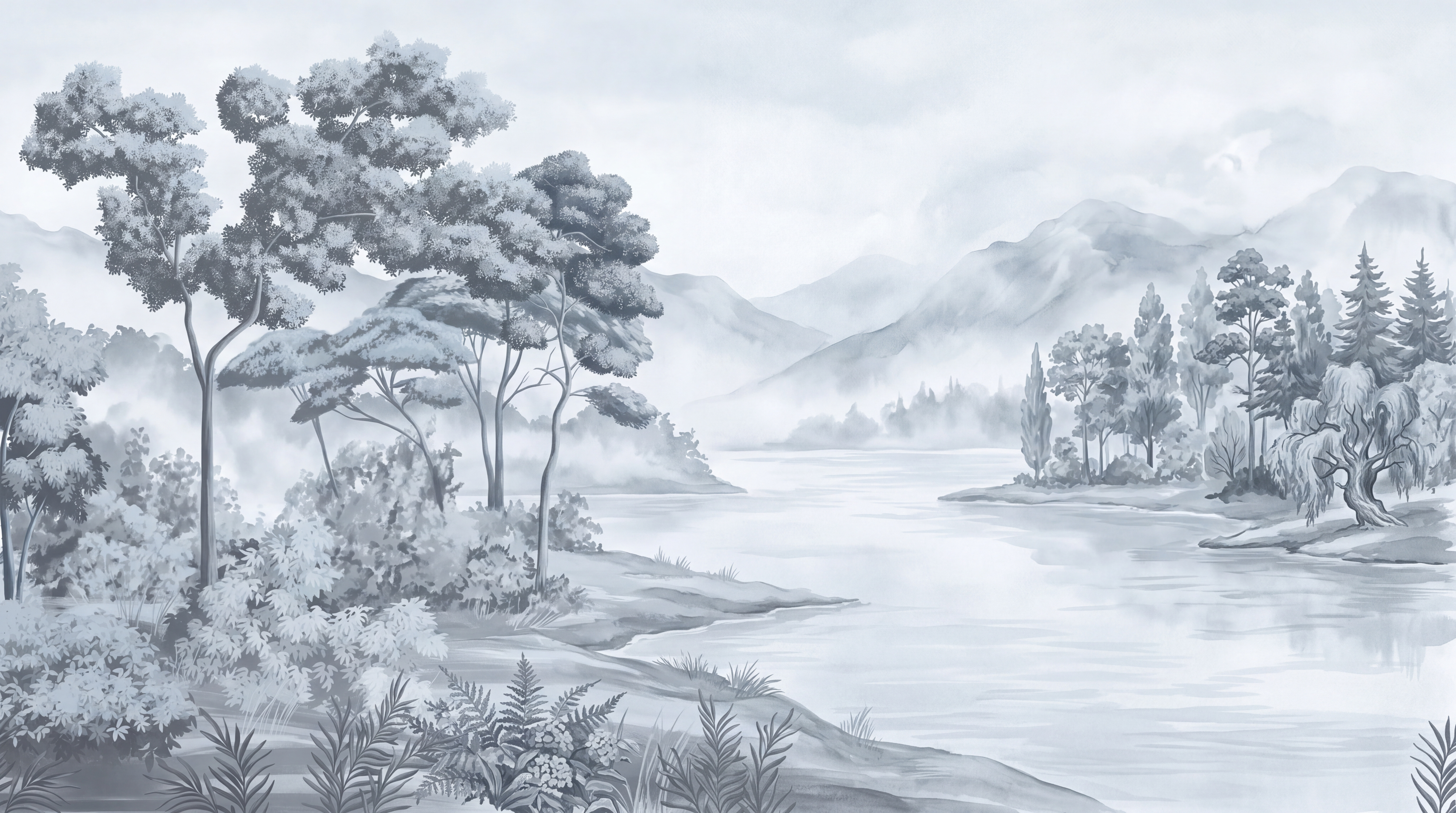 Grey Landscape Scenic Painterly Wallpaper Mural, Peel-and-stick Finish