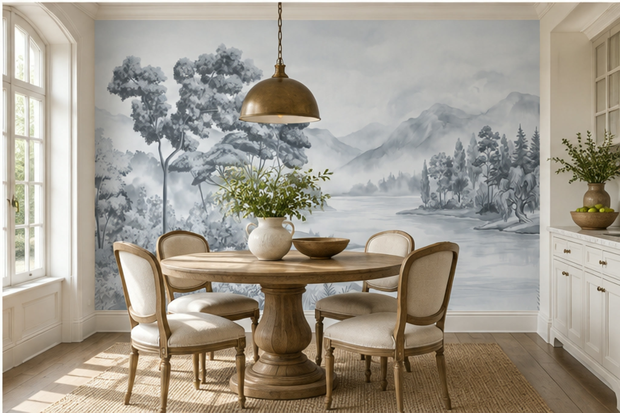 Misty Monochrome Lake With Woodland And Distant Mountains Wallpaper Mural — Wallpaper Mural Design, Peel-and-stick Finish