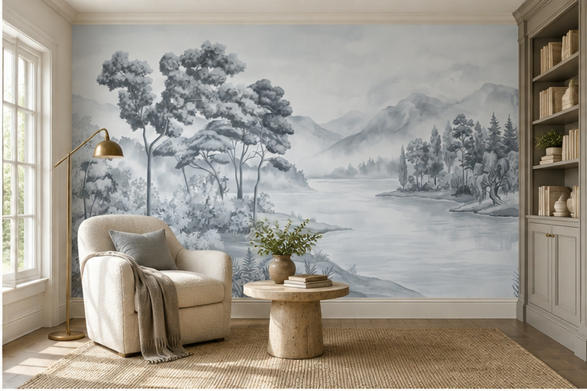 Grey Landscape Scenic Painterly Wallpaper Mural Accent-wall-wallpaper-murals, Peel-and-stick Finish