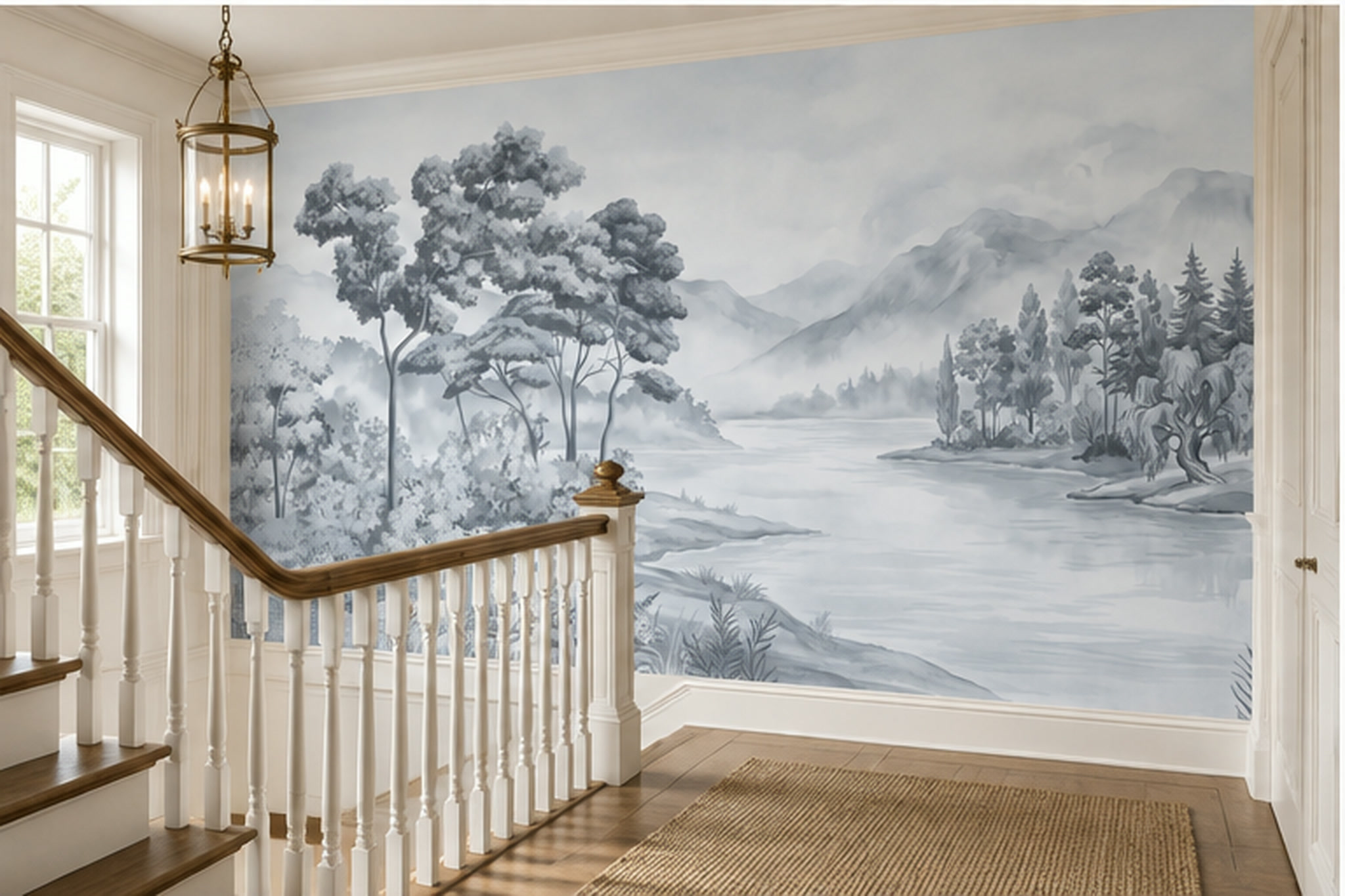 Grey Landscape Scenic Painterly Wallpaper Mural Feature-wall-wallpaper-murals, Peel-and-stick Finish