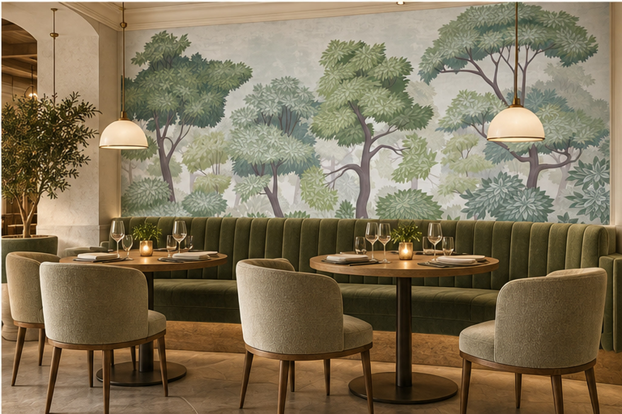 Green Trees Scenic Decorative Wallpaper Mural Dining-room-wallpaper-murals, Shown In A Dining Room, Peel-and-stick Finish