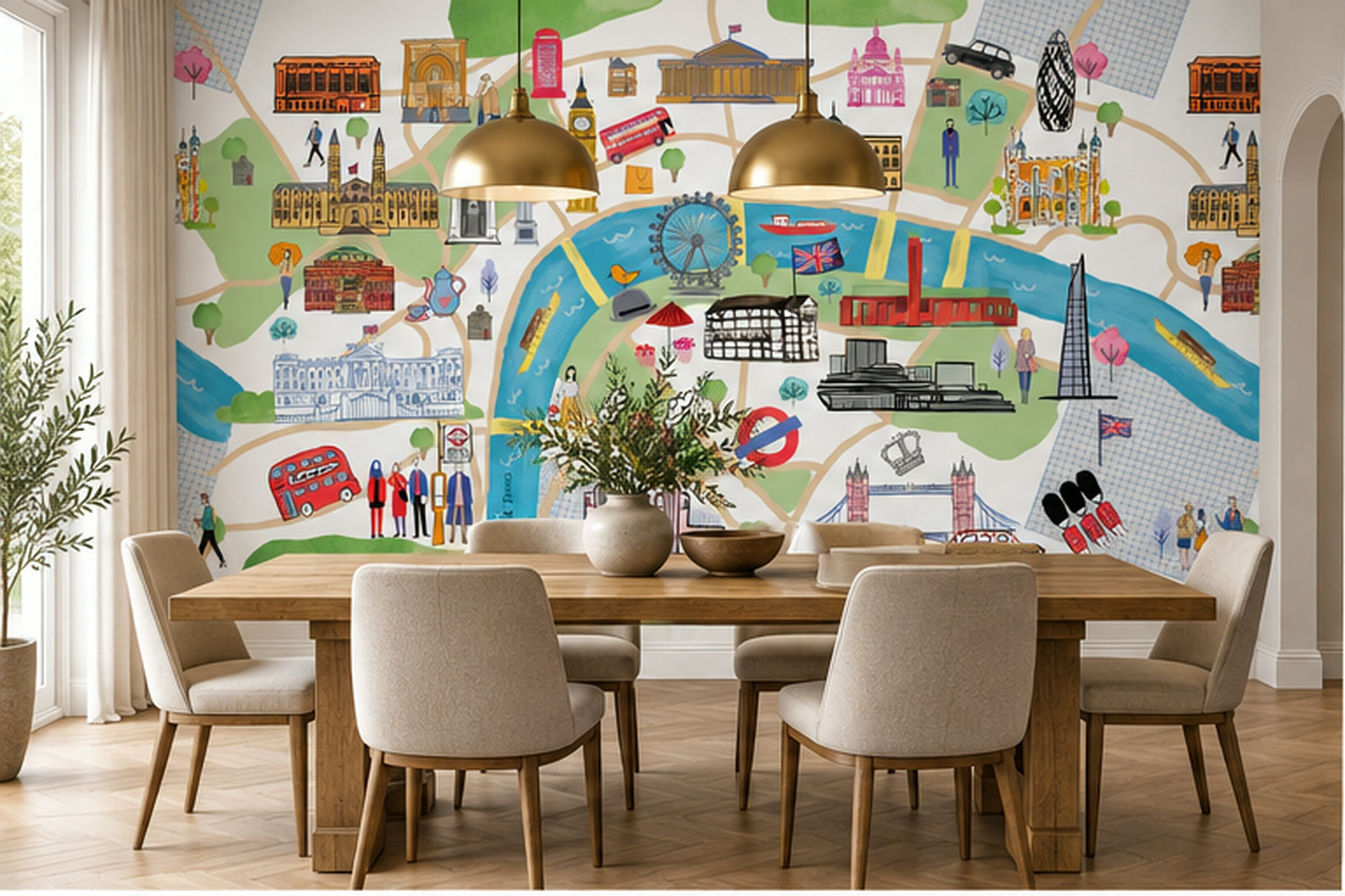 Pastel Pattern Decorative Wallpaper Mural Layered Forms Wallpaper Mural Dining-room-wallpaper-murals, Shown In A Dining Room, Peel-and-stick Finish