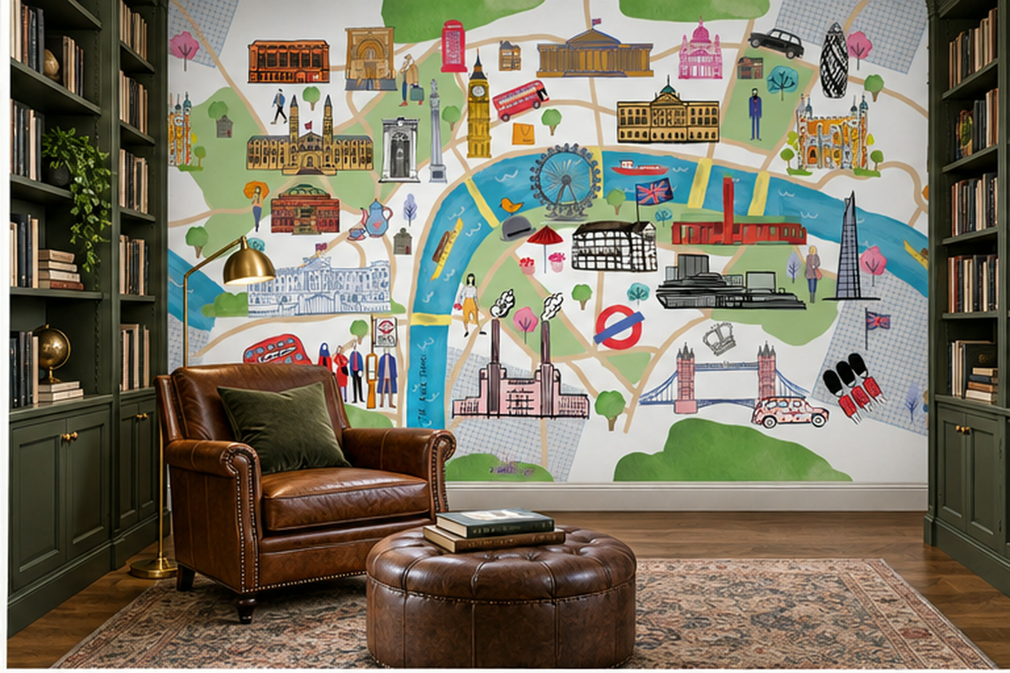 Illustrated London Landmarks Map Wallpaper Mural — Wallpaper Mural Design, Peel-and-stick Finish