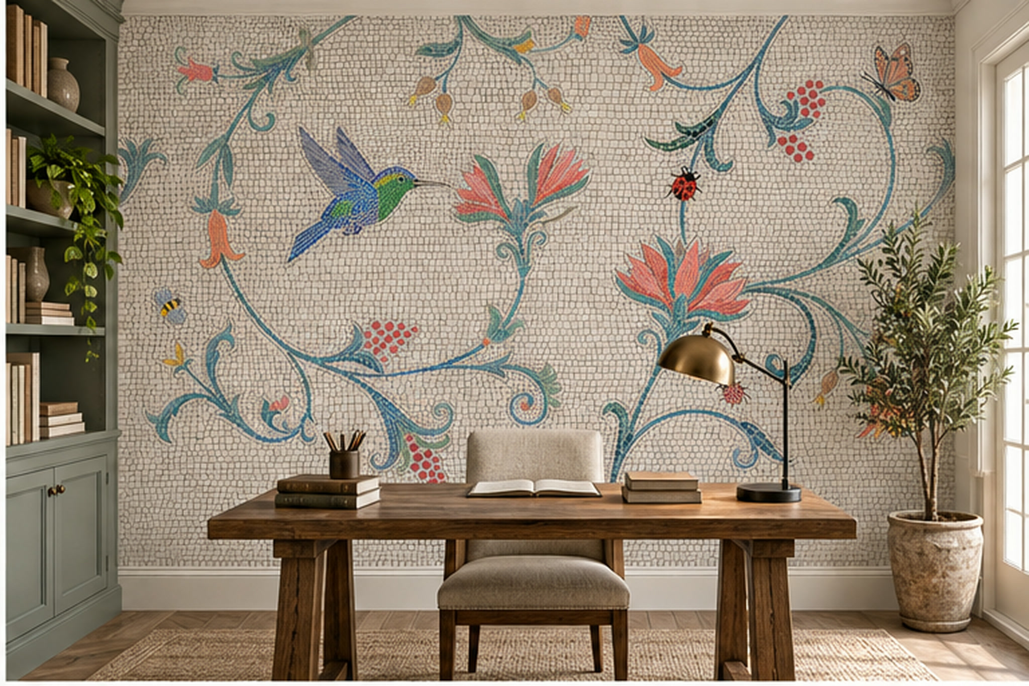 Coral Botanical Botanical Abstract Wallpaper Mural Home-office-wallpaper-murals, Shown In A Home Office, Peel-and-stick Finish