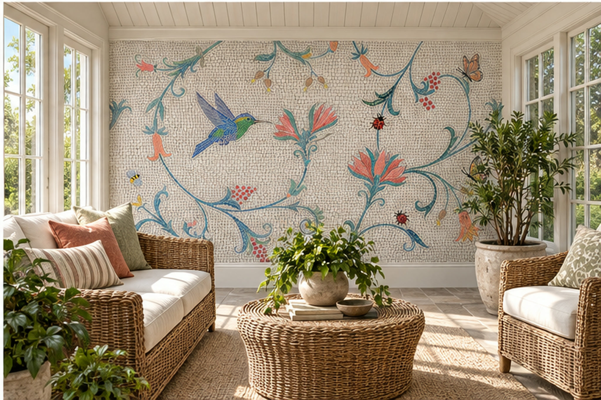 Mosaic Hummingbird And Floral Vine Wallpaper Mural — Wallpaper Mural Design, Peel-and-stick Finish