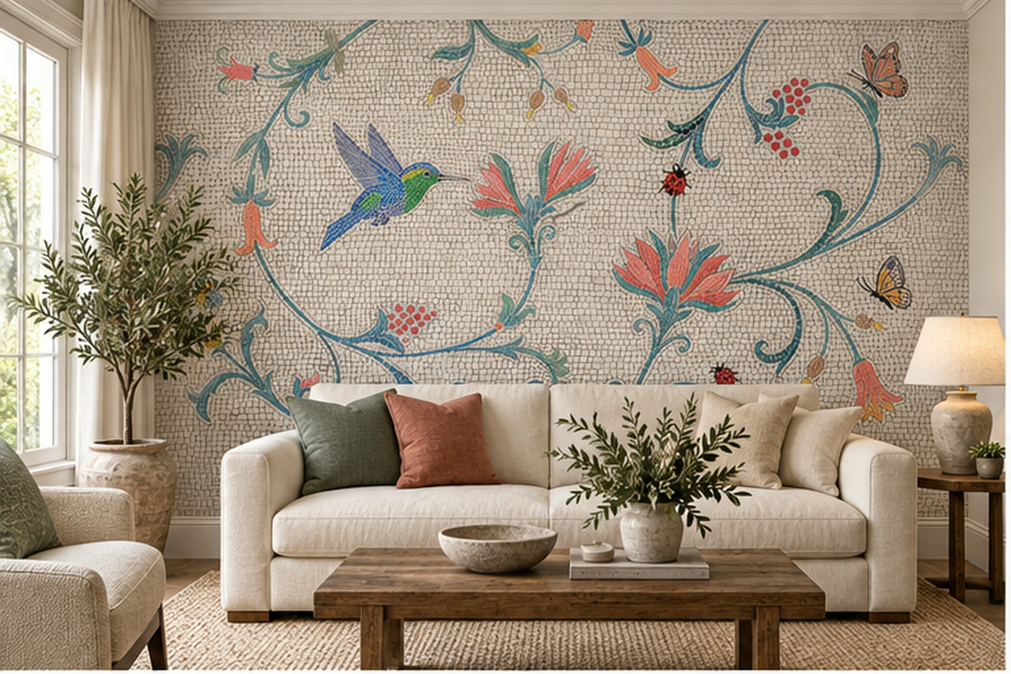 Coral Botanical Botanical Abstract Wallpaper Mural Feature-wall-wallpaper-murals, Peel-and-stick Finish