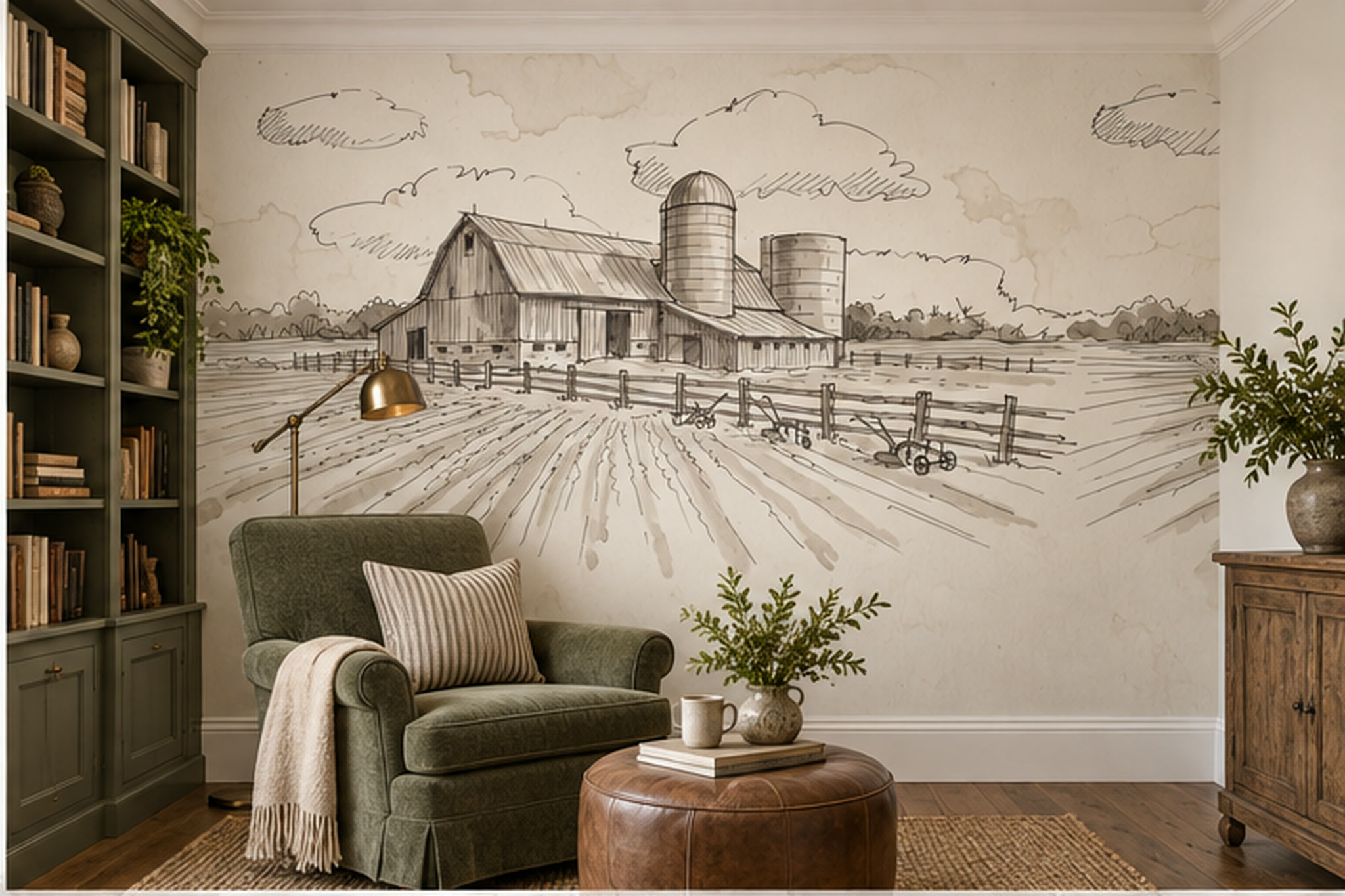 Beige Pattern Decorative Wallpaper Mural Layered Layered Detail Living-room-wallpaper-murals, Shown In A Living Room, Peel-and-stick Finish