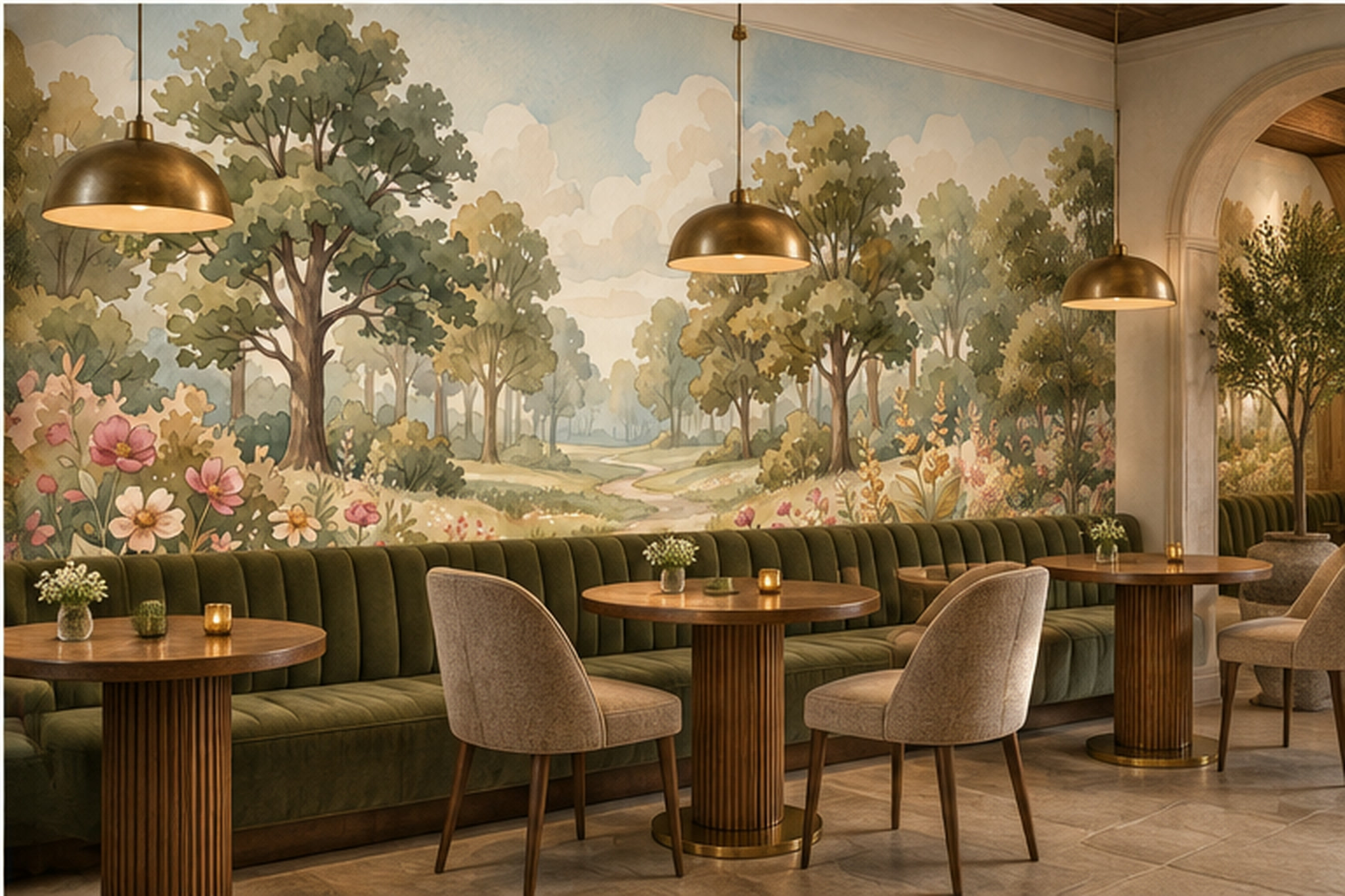 Green Garden Scenic Textured Wallpaper Mural Dining-room-wallpaper-murals, Shown In A Dining Room, Peel-and-stick Finish