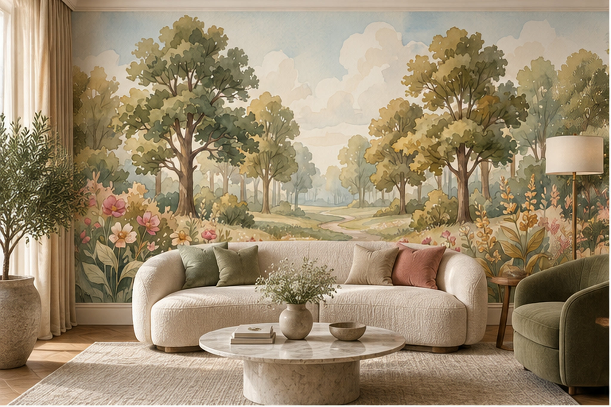 Watercolour Woodland Path With Flowering Trees Wallpaper Mural — Wallpaper Mural Design, Peel-and-stick Finish