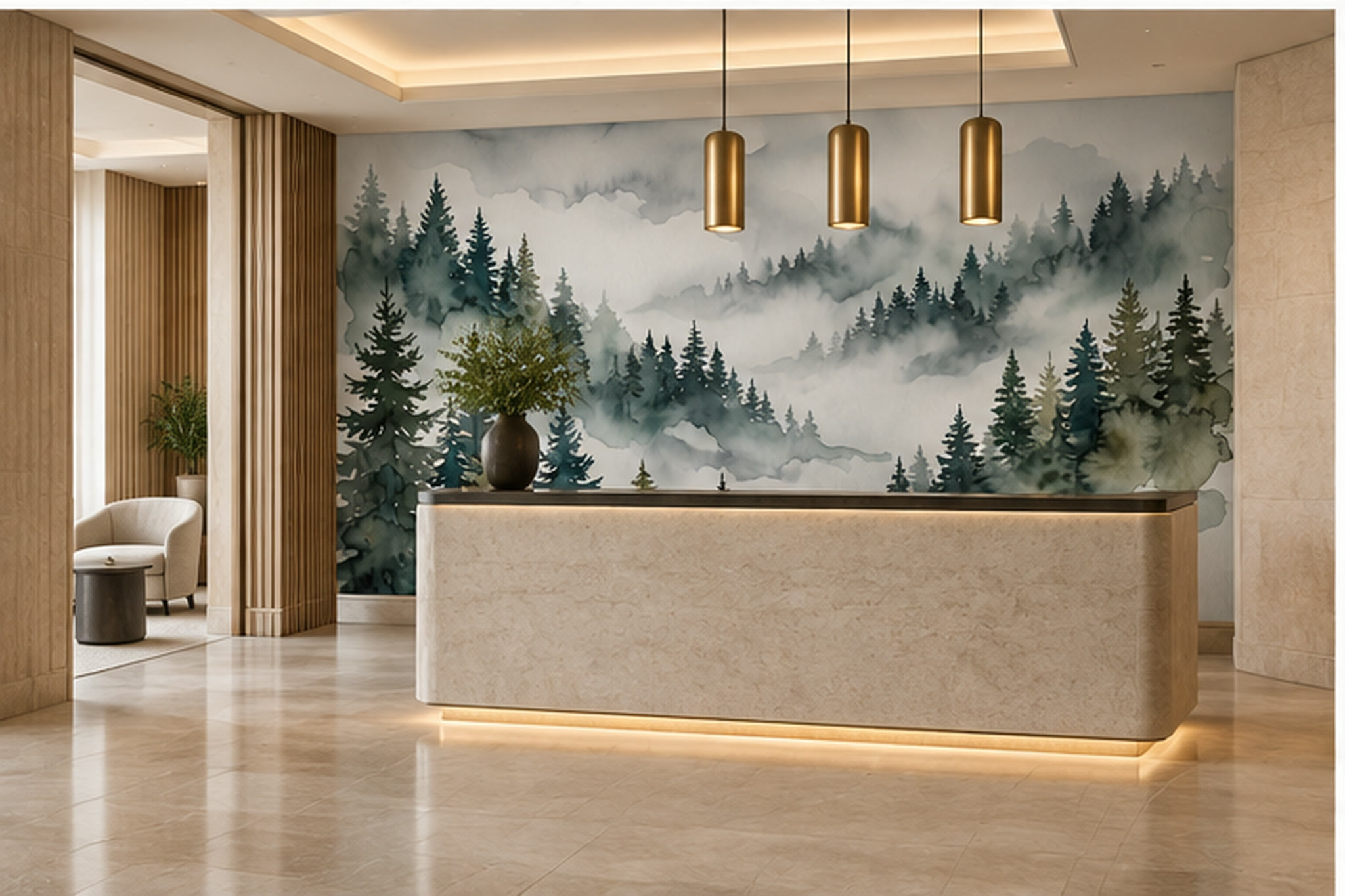 Green Forest Scenic Wallpaper Mural Layered Entryway-wallpaper-murals, Peel-and-stick Finish