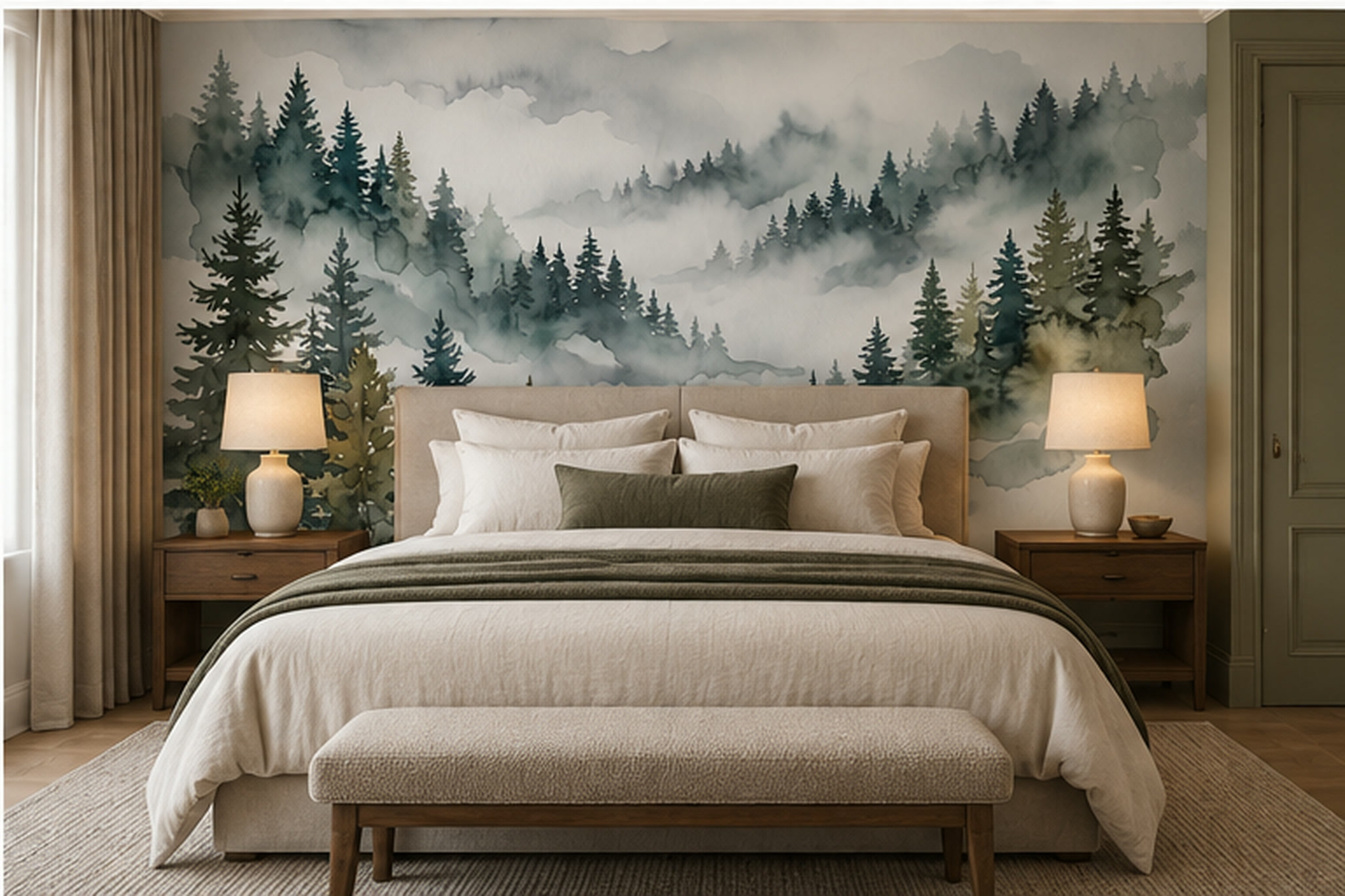 Green Forest Scenic Wallpaper Mural Layered Bedroom-wallpaper-murals, Peel-and-stick Finish