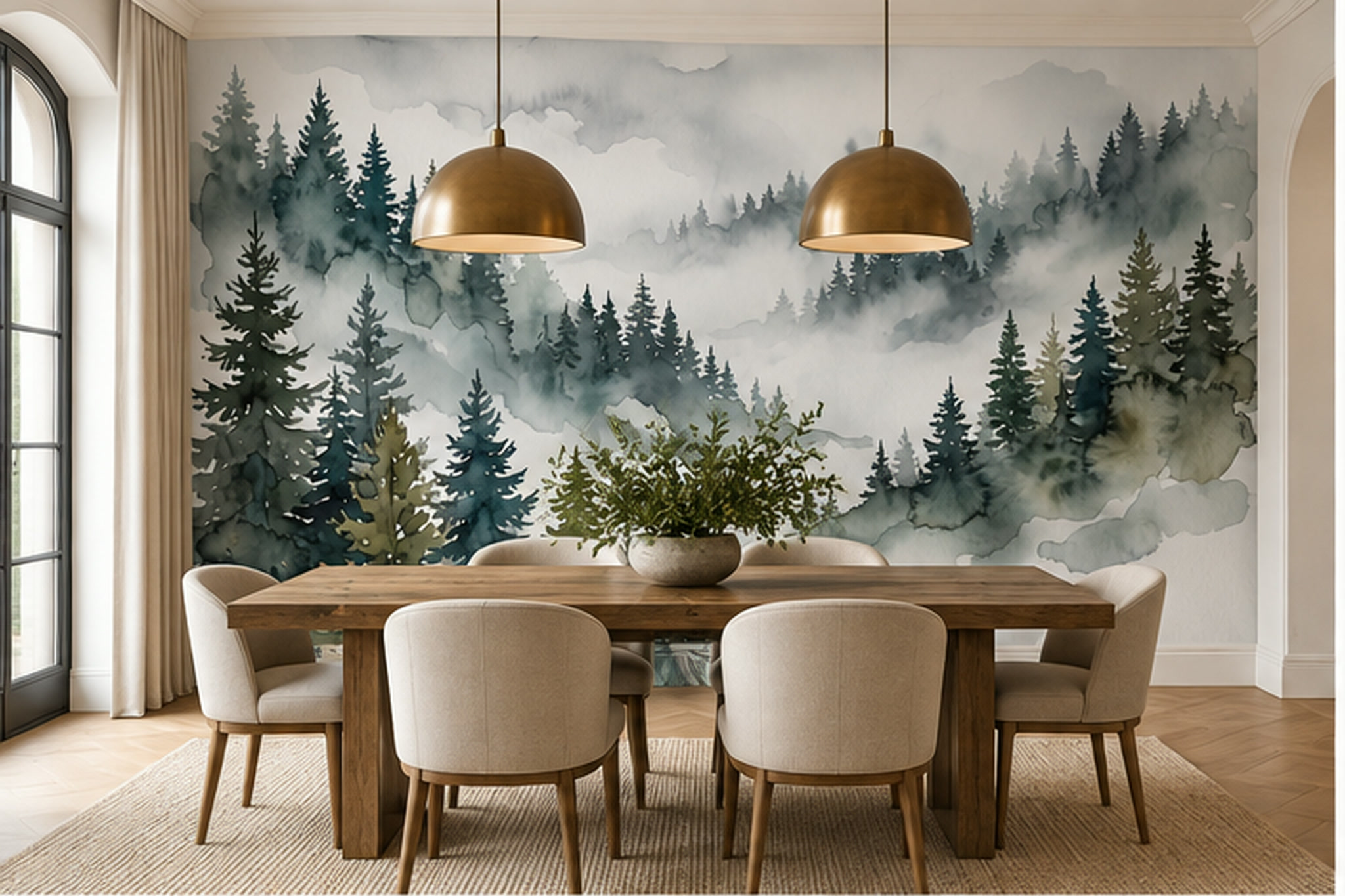 Green Forest Scenic Wallpaper Mural Layered Dining-room-wallpaper-murals, Shown In A Dining Room, Peel-and-stick Finish