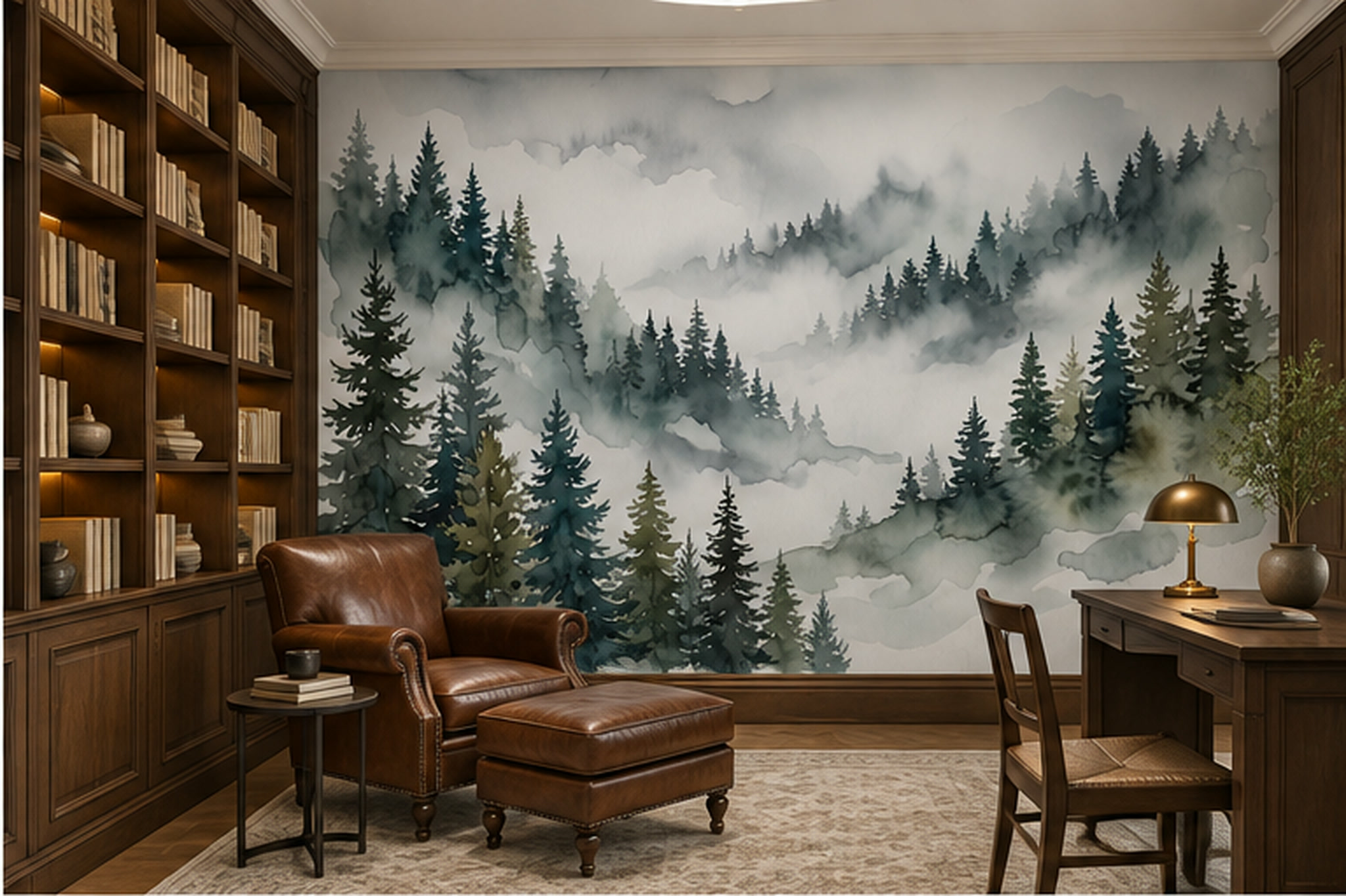 Green Forest Scenic Wallpaper Mural Layered Home-office-wallpaper-murals, Shown In A Home Office, Peel-and-stick Finish
