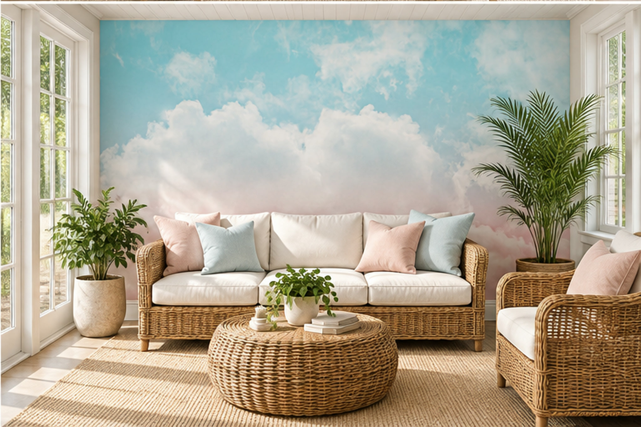 Pastel Clouds Artful Decorative Wallpaper Mural Accent-wall-wallpaper-murals, Peel-and-stick Finish