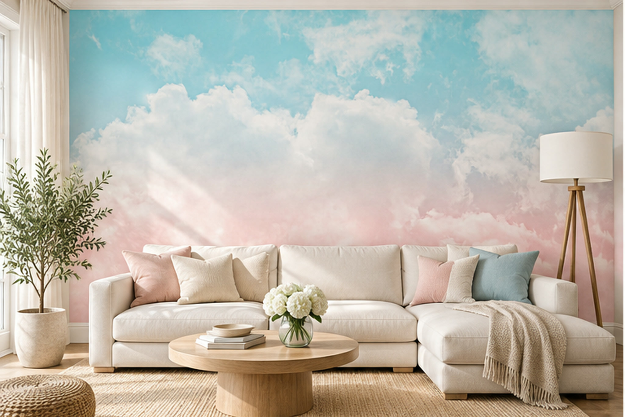 Pastel Clouds Artful Decorative Wallpaper Mural Accent-wall-wallpaper-murals, Peel-and-stick Finish