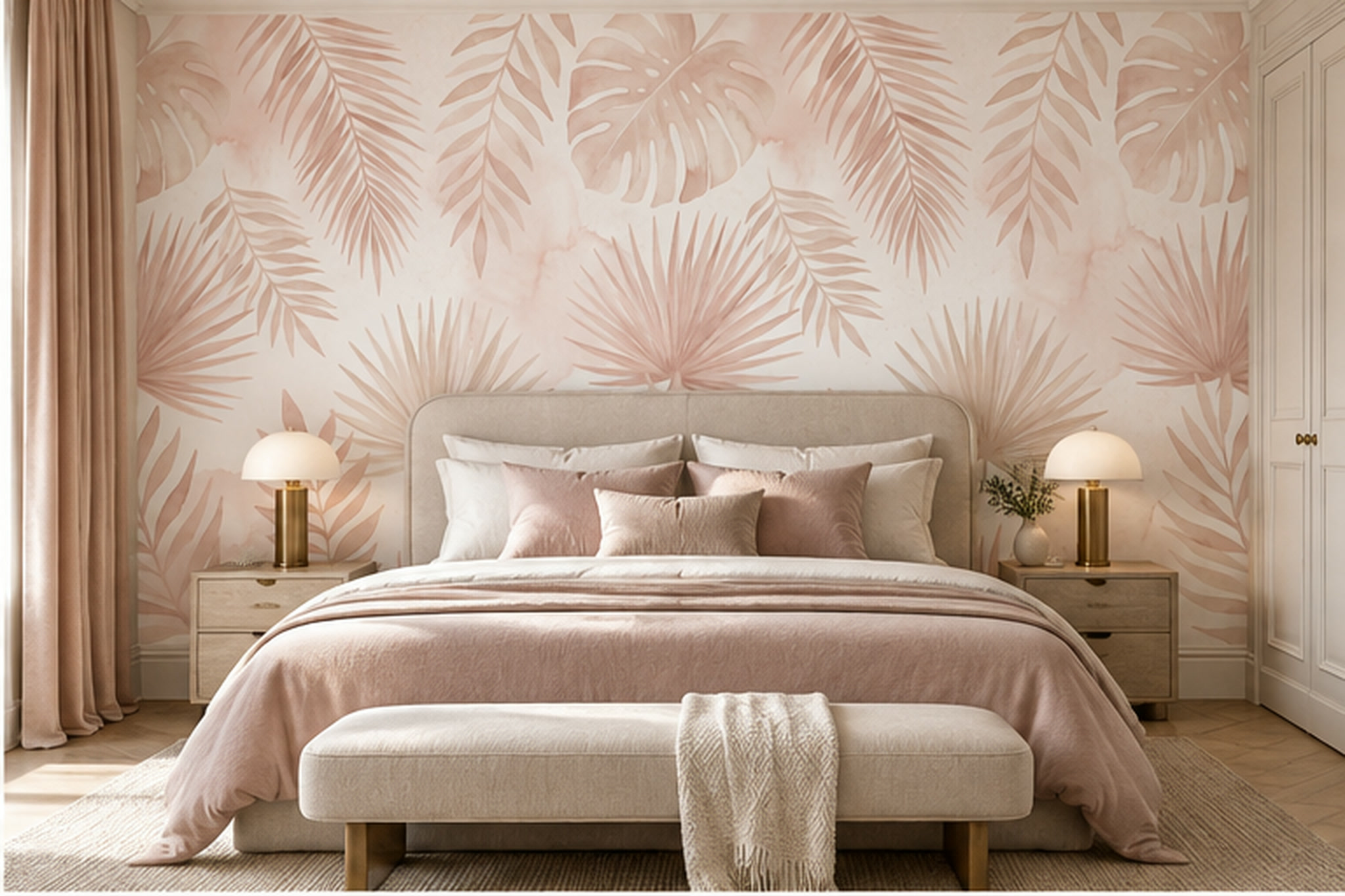 Pink Leaf Botanical Decorative Wallpaper Mural Bedroom-wallpaper-murals, Peel-and-stick Finish