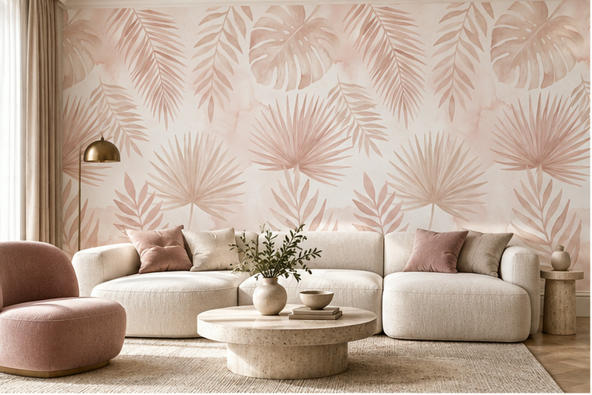 Pink Leaf Botanical Decorative Wallpaper Mural Living-room-wallpaper-murals, Peel-and-stick Finish