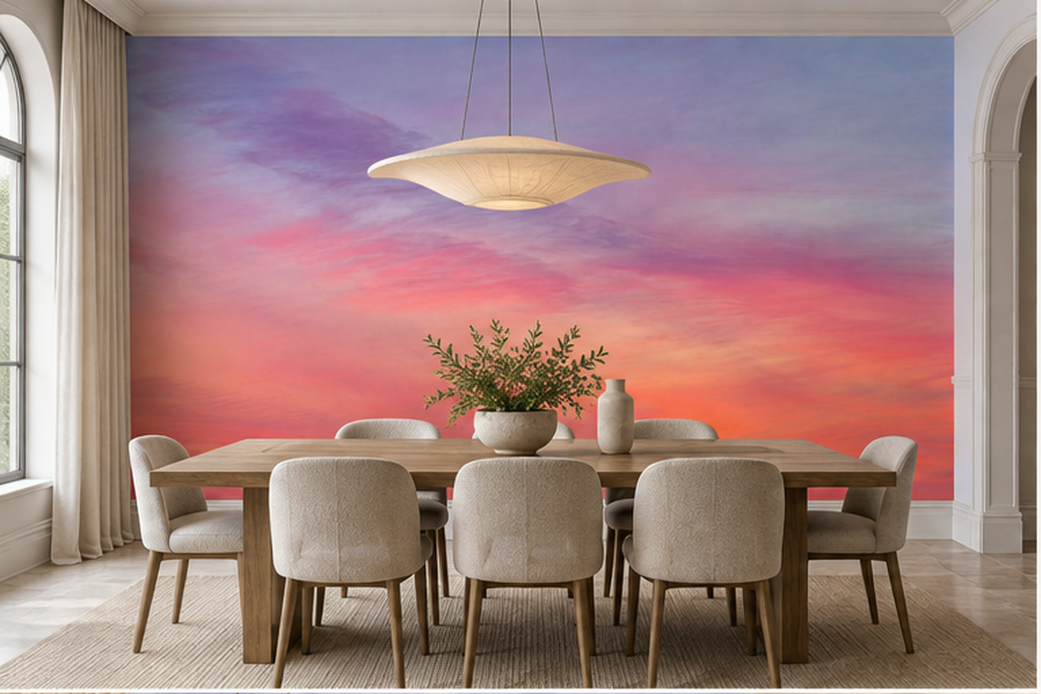 Pink Pattern Decorative Wallpaper Mural Layered Linear Detail Wallpaper Dining-room-wallpaper-murals, Shown In A Dining Room, Peel-and-stick Finish