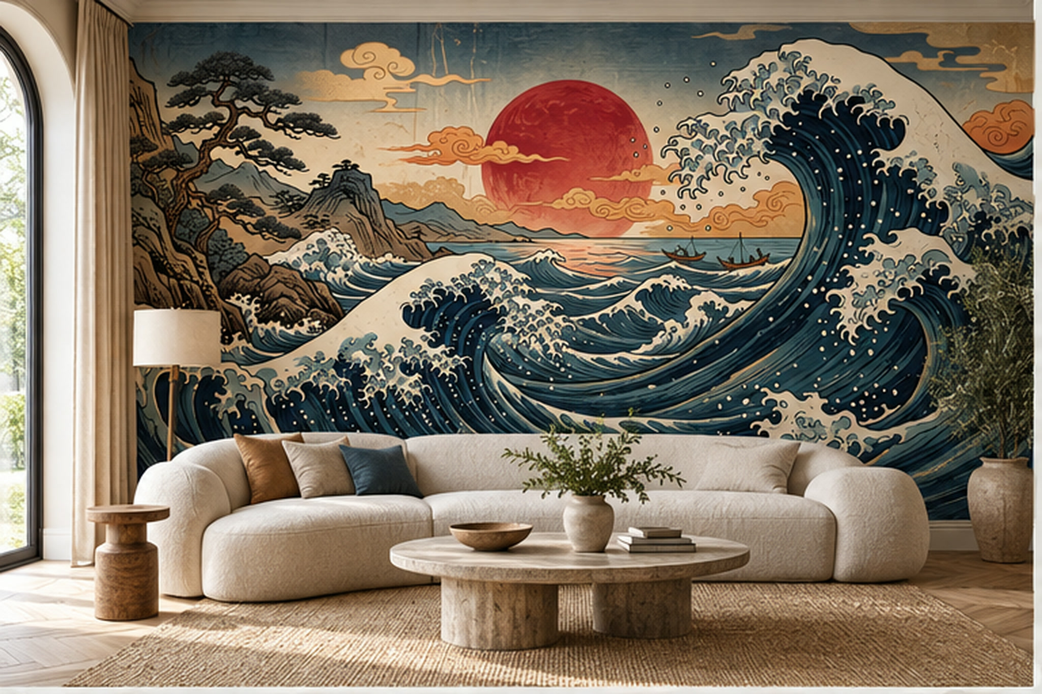 Navy Waves Artful Layered Wallpaper Mural, Peel-and-stick Finish