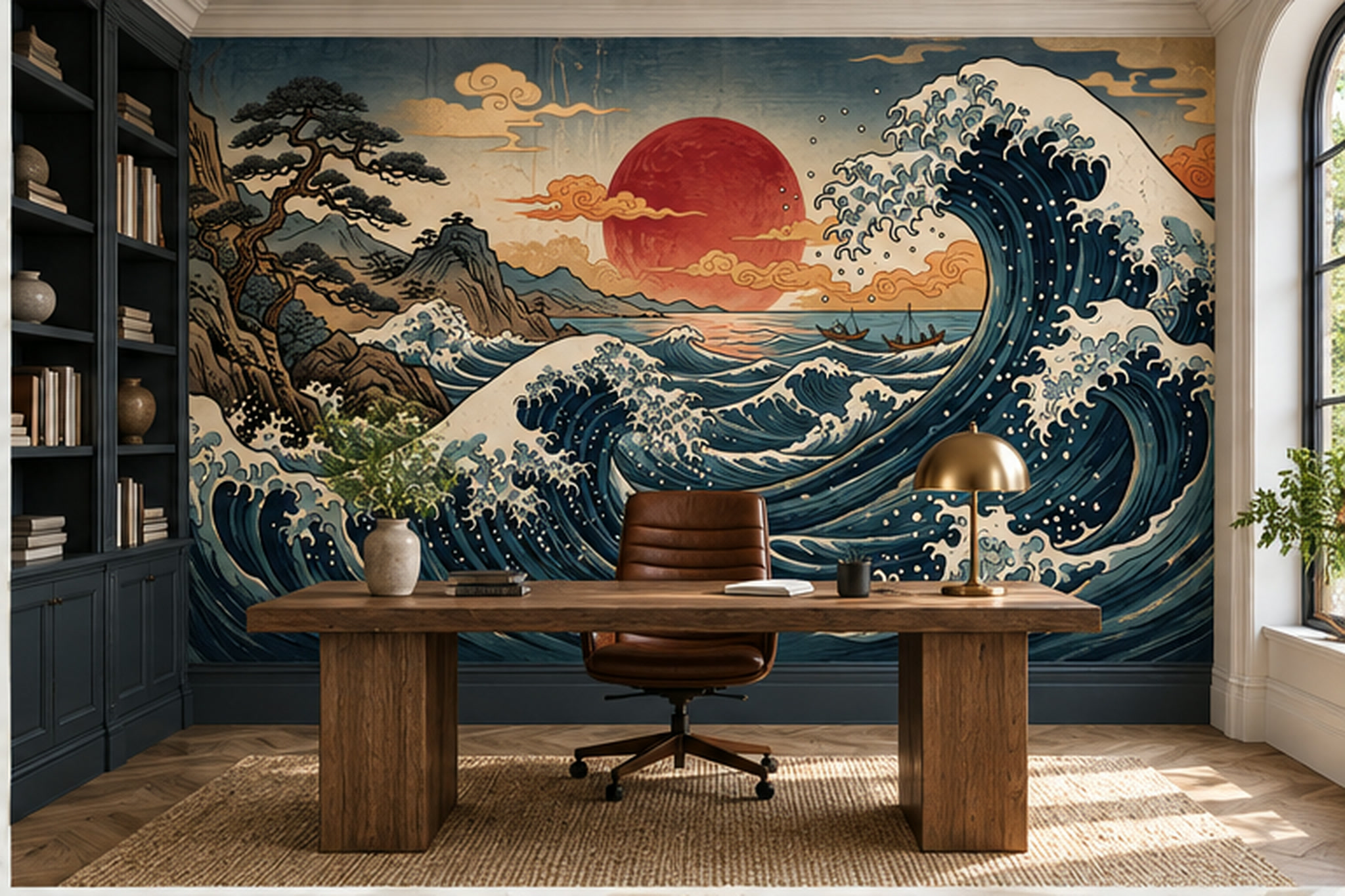 Navy Waves Artful Layered Wallpaper Mural Home-office-wallpaper-murals, Shown In A Home Office, Peel-and-stick Finish