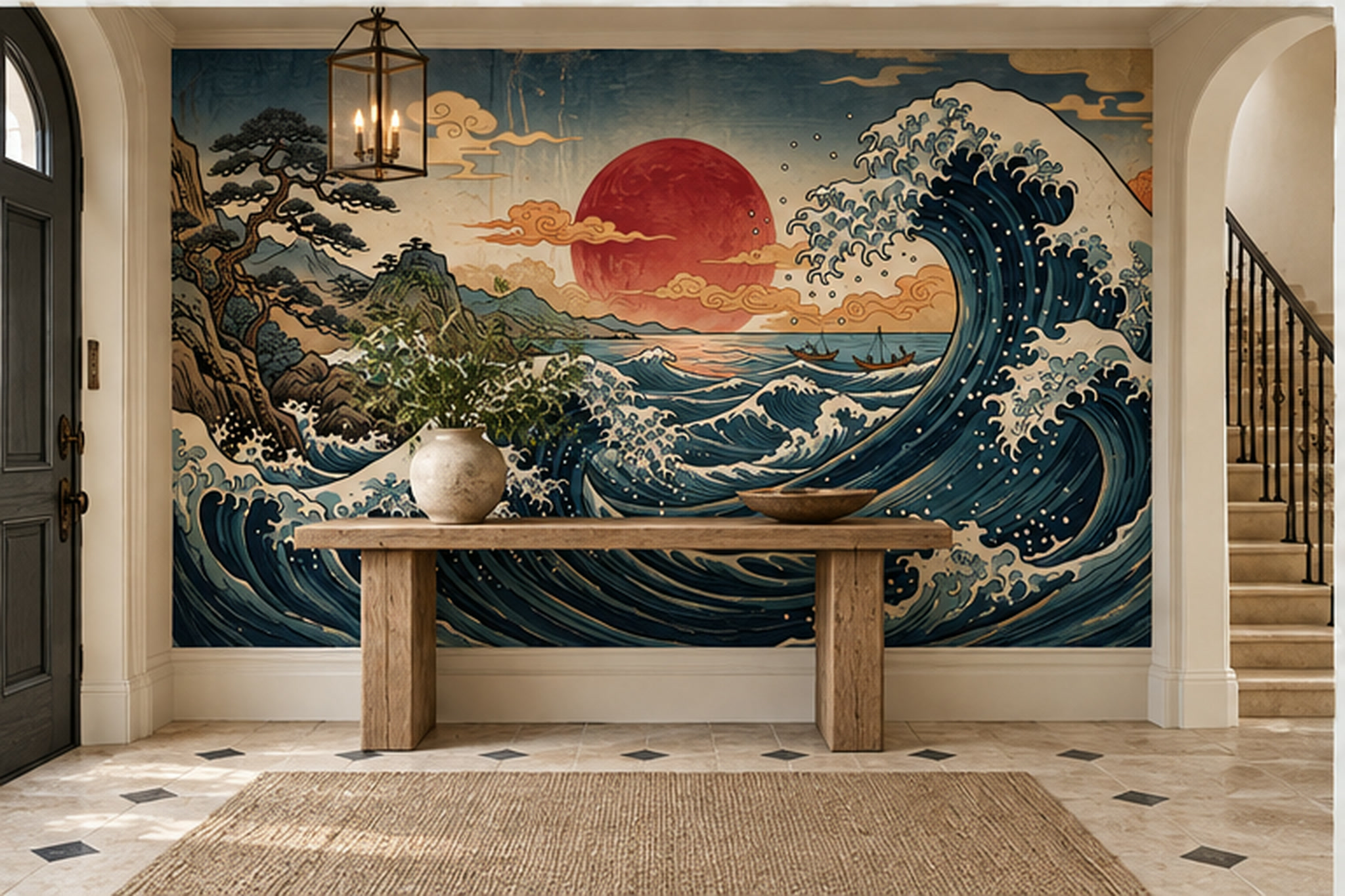 Navy Waves Artful Layered Wallpaper Mural Living-room-wallpaper-murals, Peel-and-stick Finish